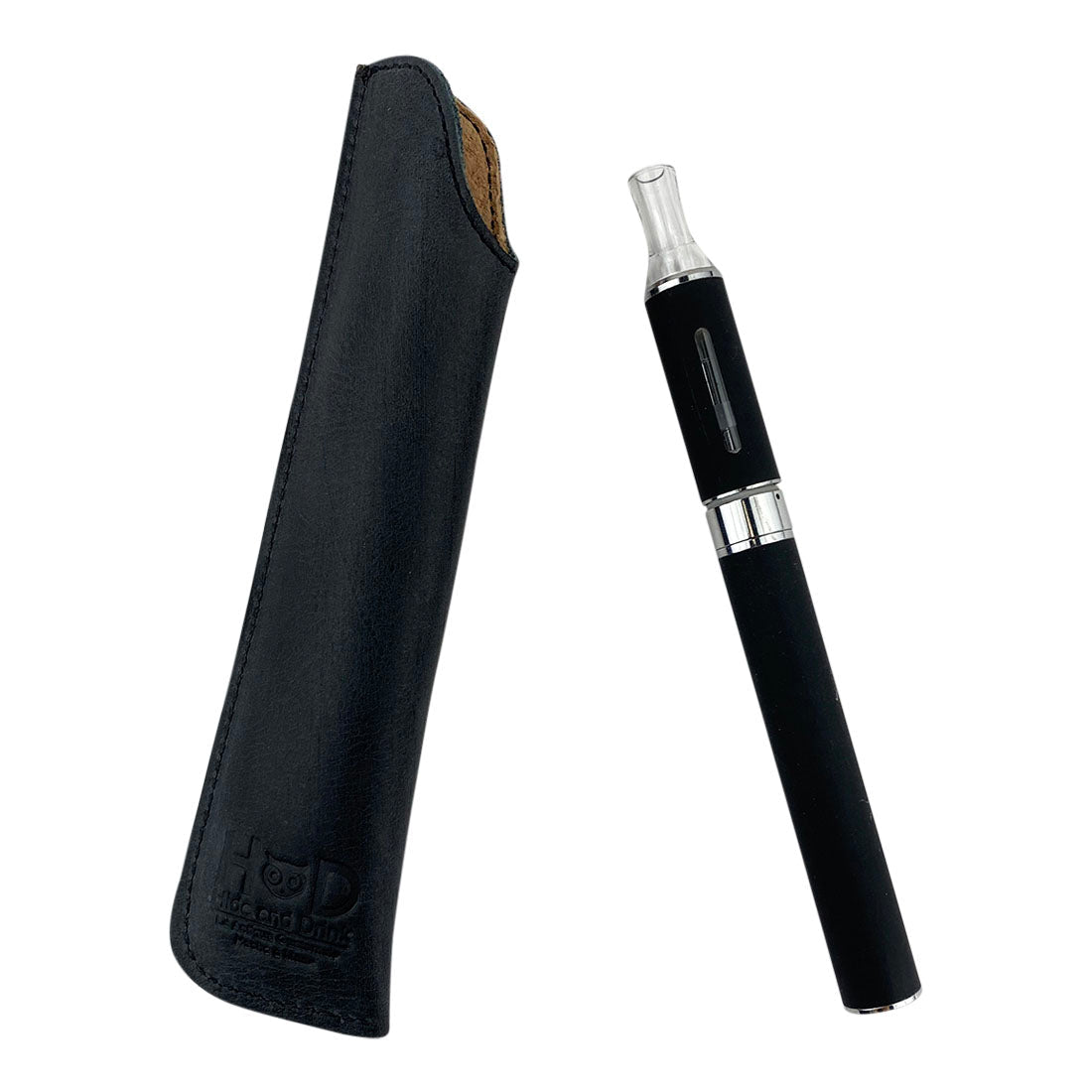 Black Hide & Drink Vape Pen Sleeve next to a vape pen, emphasizing its artisan craftsmanship in Full Grain Leather. This hand cut and hand sewn case is made with care and precision. Small batch production, fire branded, and handmade in La Antigua Guatemala & Oaxaca Mexico.