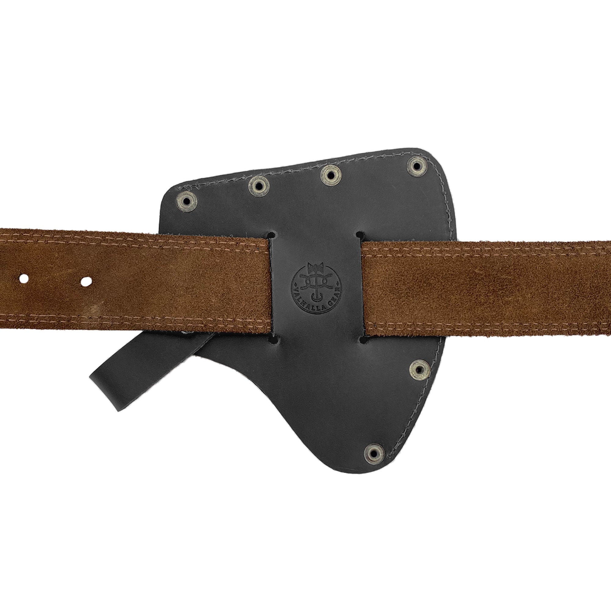 The black Valhalla Gear Camper Axe Head Sheath designed for attachment to various belt styles, showcasing its artisan branding. This handmade protector case is essential for ensuring your hatchet blades' safety as a camping accessory, perfect for any lumberjack or outdoor adventurer.