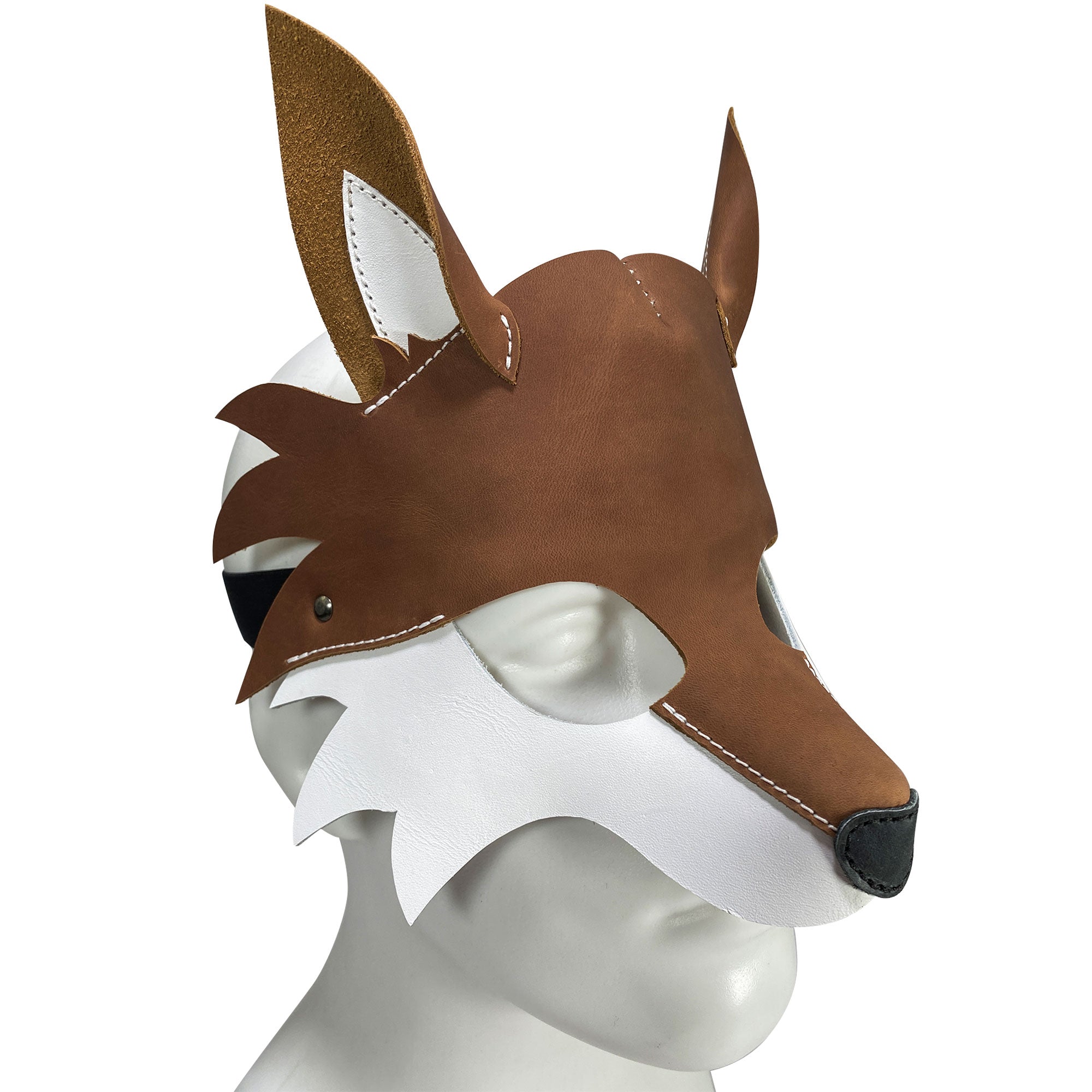 Detailed view of Fox Mask, featuring its elegant design and craftsmanship from full grain leather. A perfect costume accessory for Halloween by Hide & Play, known for artisan-quality, handmade productions.