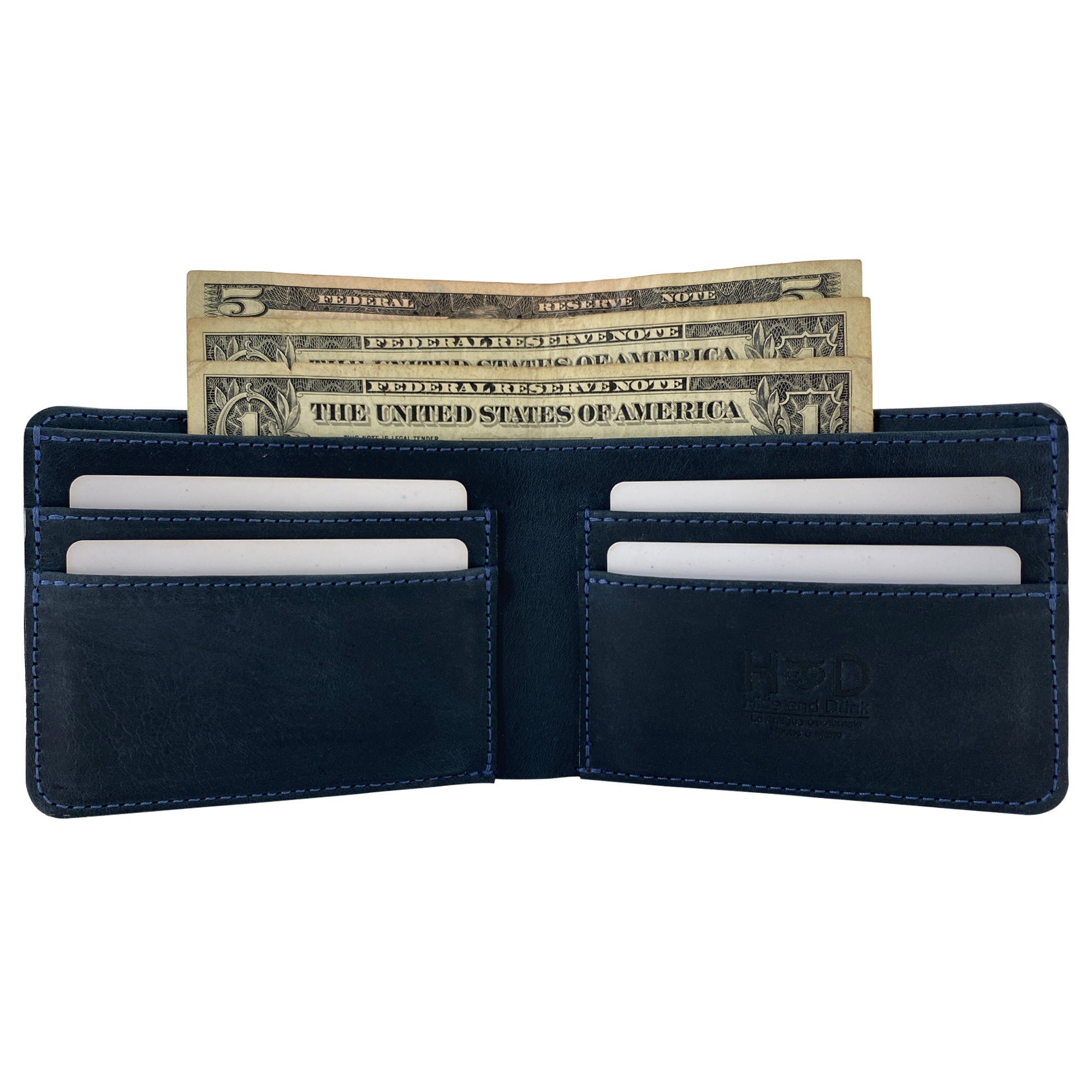 Hide & Drink's blue Bifold Wallet with cash and cards inside, showcasing its utility. This Slim Bifold Wallet serves as a classic billfold for keeping money and cards organized, a perfect travel accessory made from durable full grain leather, artisan handmade in La Antigua Guatemala & Oaxaca Mexico.