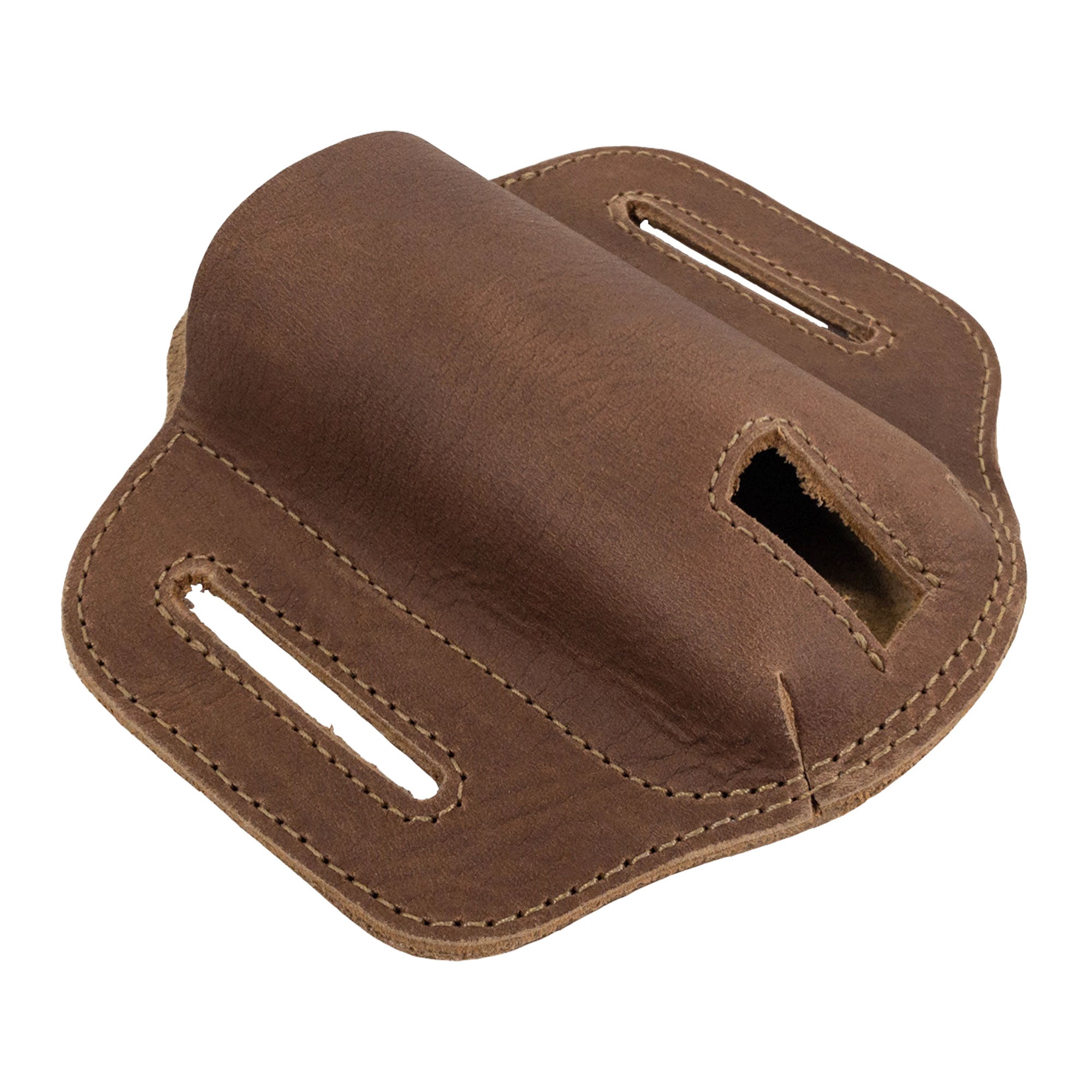 Side view of the brown Multitool Belt Sheath from Hide & Drink, demonstrating its design and craftsmanship. This multitool holder is ideal for carrying pocket knives, highlighting its artisan quality and small batch production.