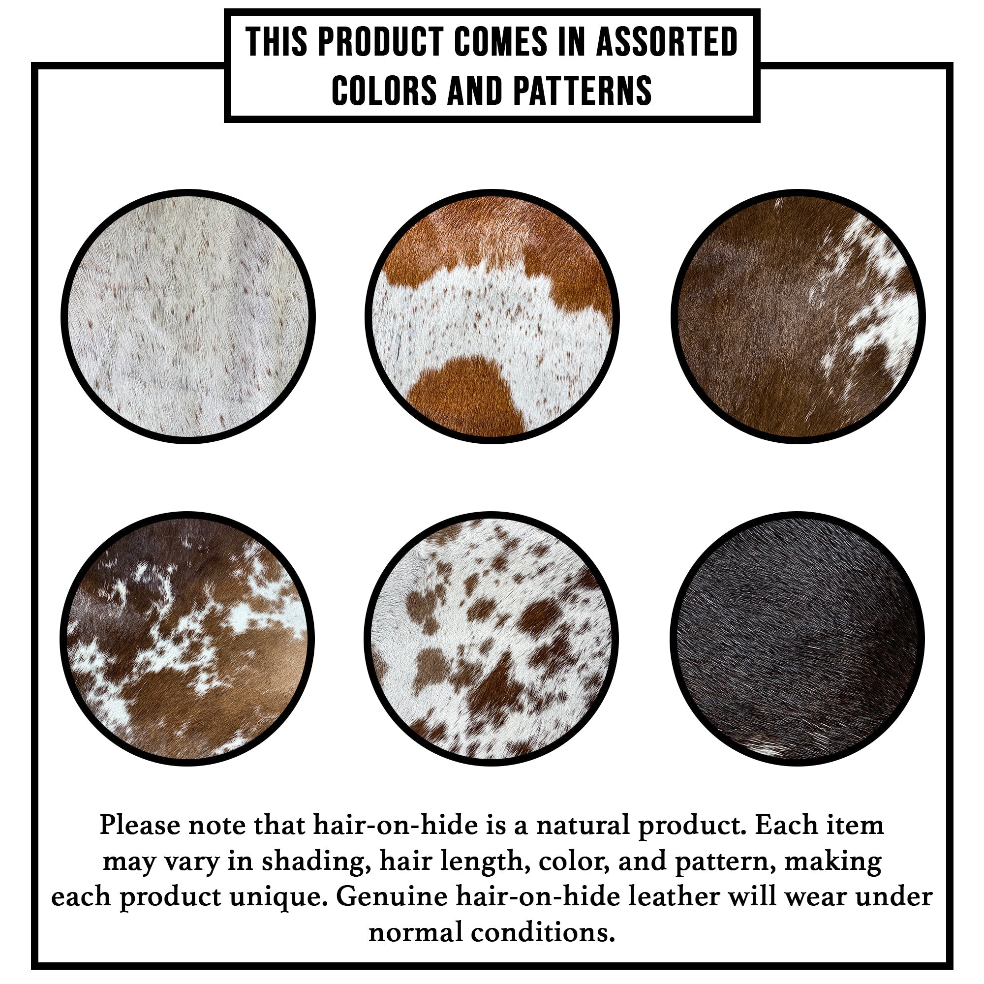 Assorted patterns of Cowhide Shape Set of 6 Coasters from Western Leather Works, showcasing the uniqueness of the Hair On Hide Full Grain Leather. Perfect for drinks, these handmade coasters reflect the artisan techniques from La Antigua Guatemala & Oaxaca Mexico.