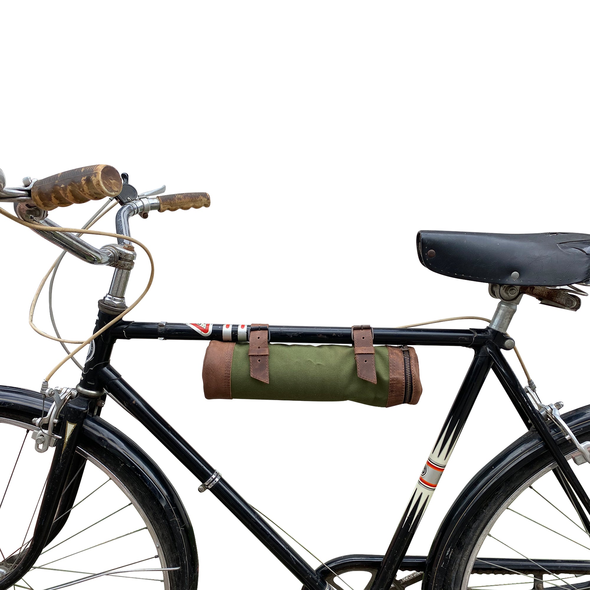 Detailed view of the Navy Blue Bicycle Tube from Hide & Drink, with a price tag showcasing its artisan craftsmanship. This Zipper Commute Bag is ideal for those looking to comfortably transport drinks while biking. Handmade in La Antigua Guatemala and Oaxaca Mexico.