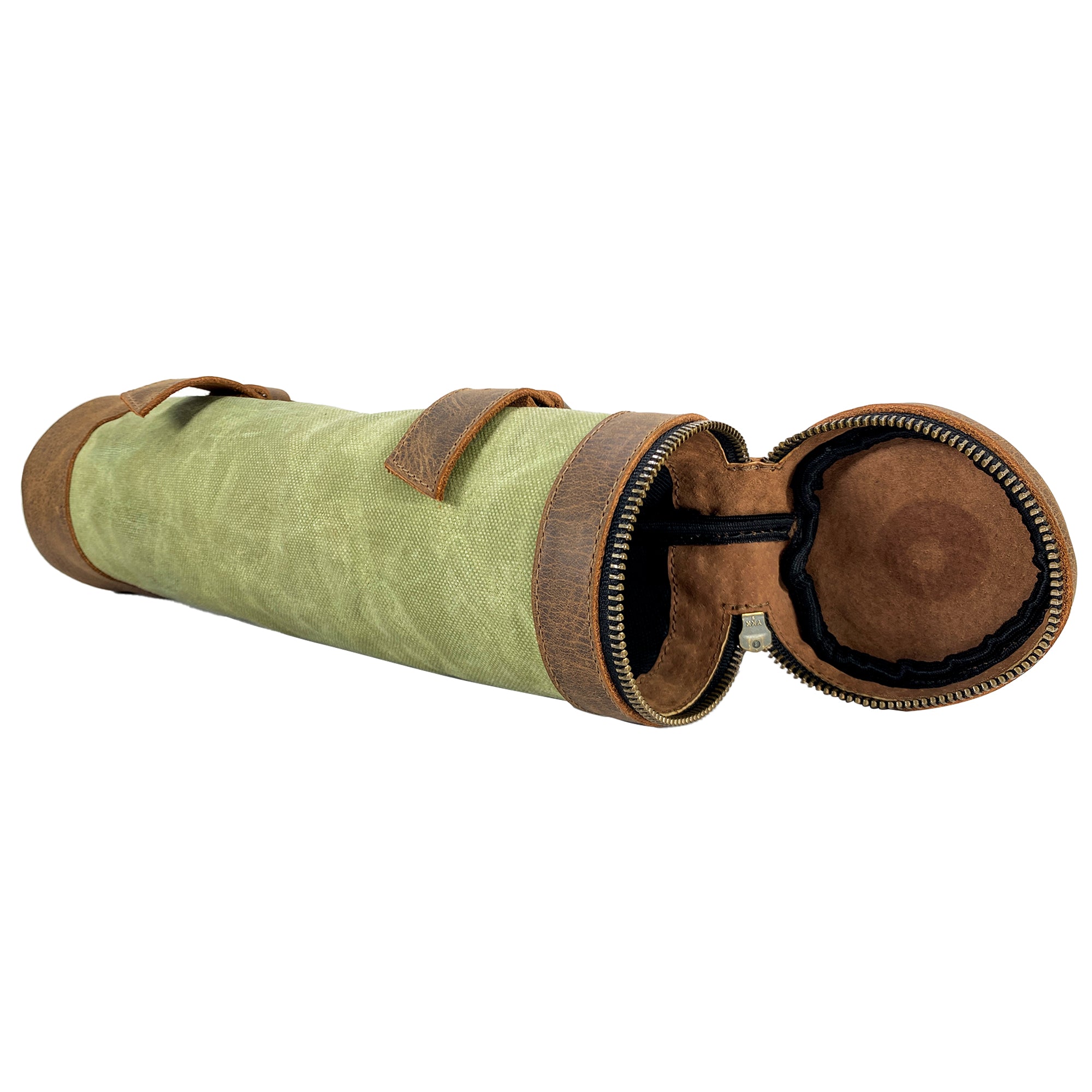 Open view of the Bicycle Tube from Hide & Drink, showcasing its spacious interior and soft lining. This Drink and Bike Pack Tube emphasizes quality and small batch production, perfect for adventurous outings. Handmade in La Antigua Guatemala and Oaxaca Mexico.