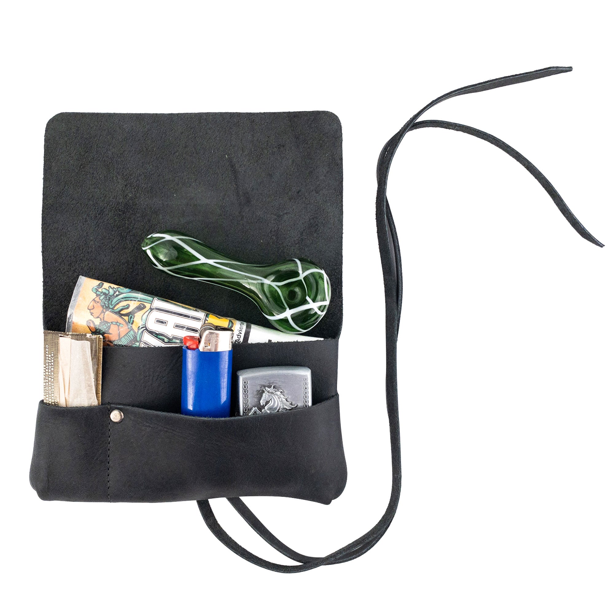 Open black King Size Tobacco Pouch by Hide & Drink demonstrating its incredible storage capacity for your tobacco, lighter, and accessories. A fine blend of rustic design and full grain leather, crafted by local artisans.