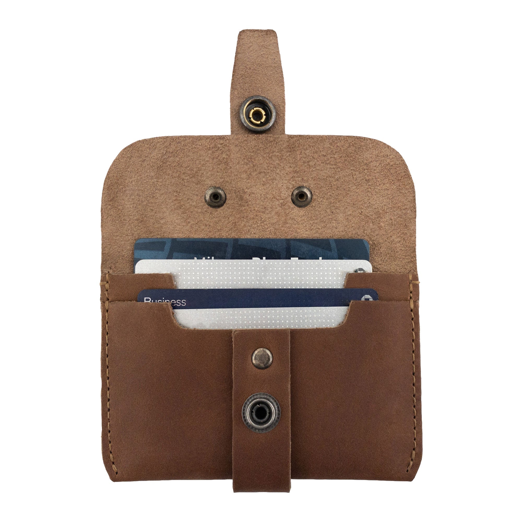 Hide & Drink's brown Credit Card Holder interior showing card storage capabilities. This artisan-crafted wallet made from Full Grain Leather offers timeless utility and elegance, hand sewn in La Antigua Guatemala.