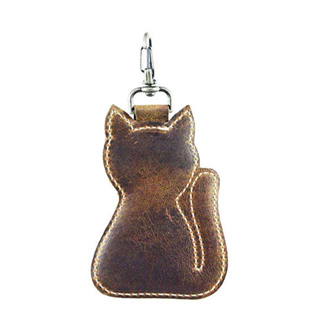 Back view of a Cat Keychain from Hide & Drink, featuring a lovely cat shape. This Cat-Shaped Keychain is not just a key organizer but also a cute stuffed animal-shaped ornament made from premium Full Grain Leather. It's a product of artisan craftsmanship, hand cut and sewn, reflecting the charm of small batch production made in La Antigua Guatemala and Oaxaca, Mexico.