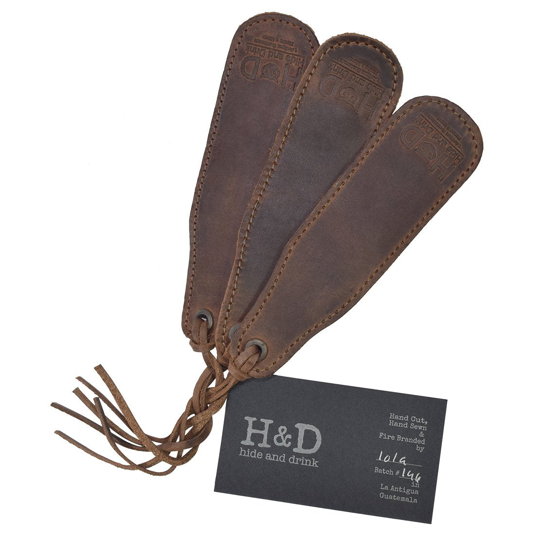 Hide & Drink Bookmark (3-Pack) displaying elegant full grain leather, perfect for keeping your place in books. Artisan-made in small quantities in La Antigua Guatemala.