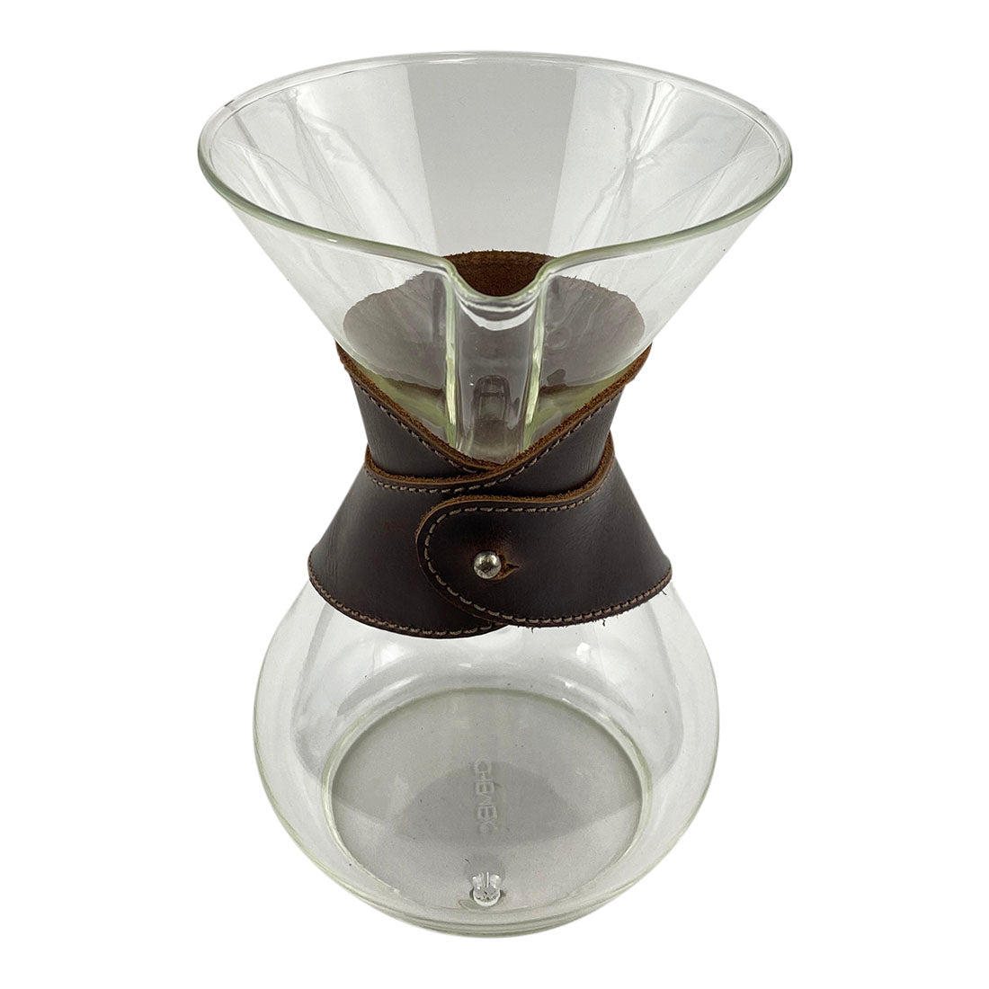 Top view of Hide & Drink Chemex Collar made from Full Grain Leather, ideal for pour over coffee. This collar is compatible with Chemex 6-Cup Glass, and features small batch production by artisans in La Antigua Guatemala & Oaxaca Mexico.