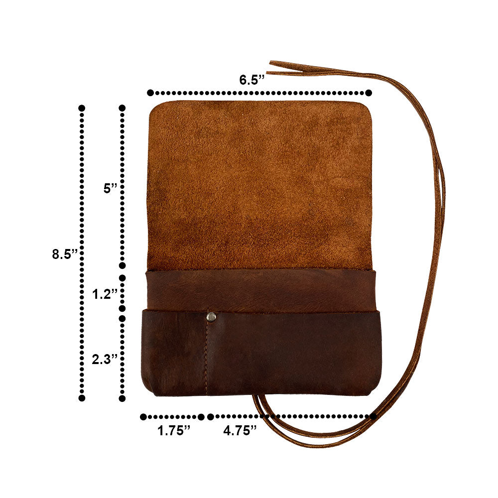 Detailed view of dimensions on the King Size Tobacco Pouch by Hide & Drink, highlighting its craftsmanship from durable Full Grain Leather. A handmade creation serving as a unique Field Notes Case and storage solution.