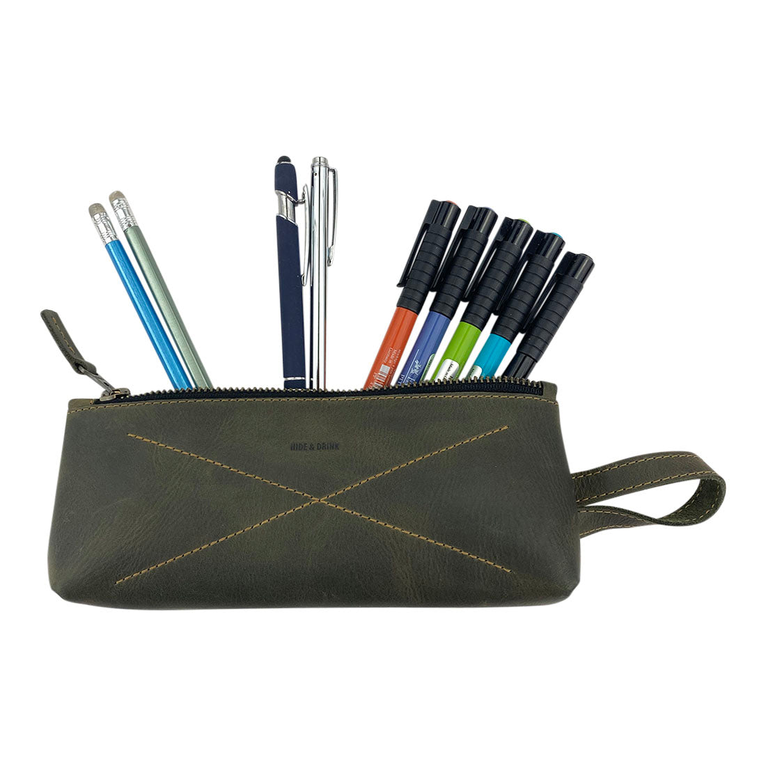 Hide & Drink's X Stitched Case, with dimensions showcasing its compact and functional design, is perfect for small items and stationery. Crafted from full grain leather, this item reflects artisan quality from La Antigua Guatemala and Oaxaca, Mexico.