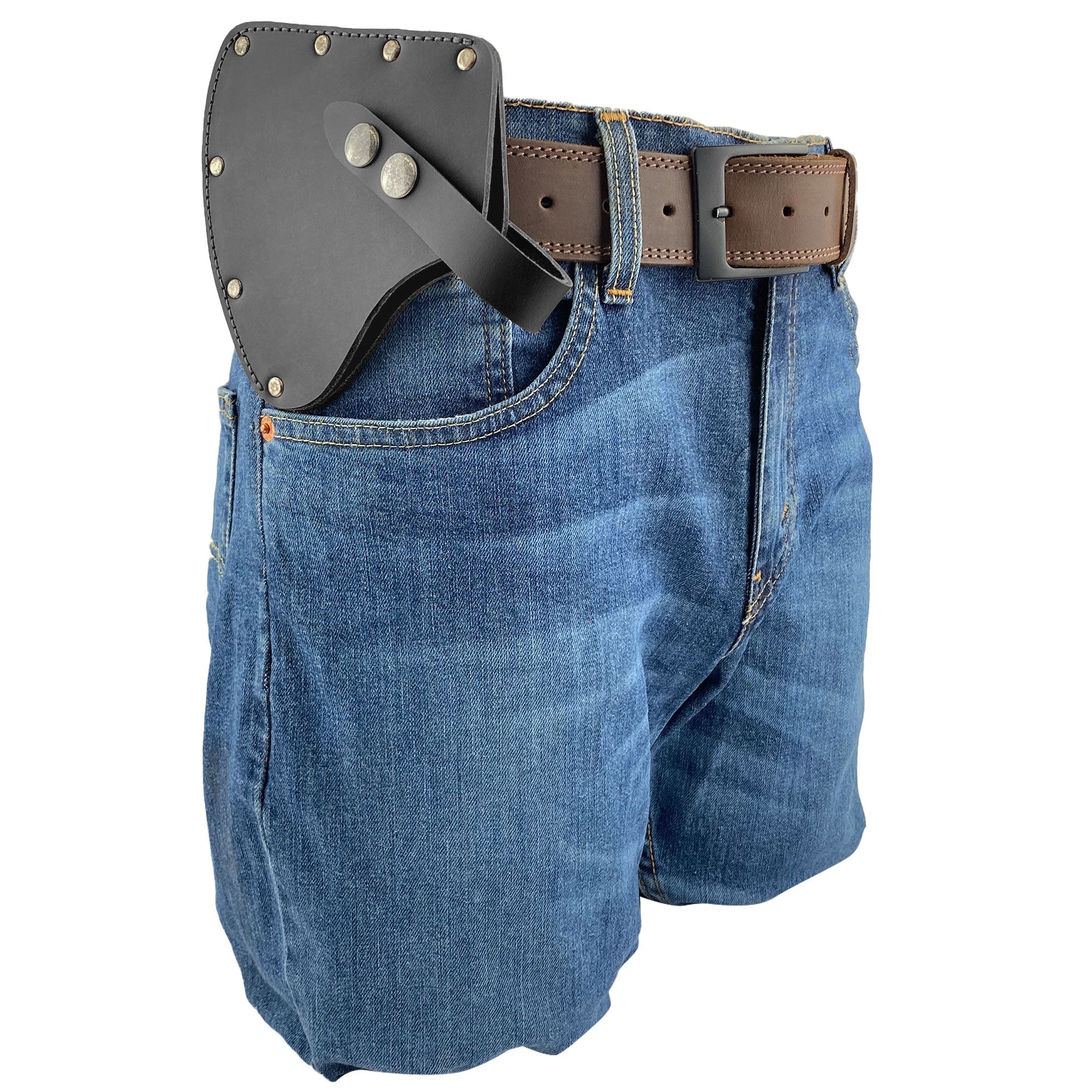 The Valhalla Gear Camper Axe Head Sheath displayed with an accompanying tag, highlighting its artisanal construction and high-quality materials. This protector case serves as a crucial hatchet blade safety sleeve, combining craftsmanship with utility, making it a must-have camping accessory for lumberjack essentials.