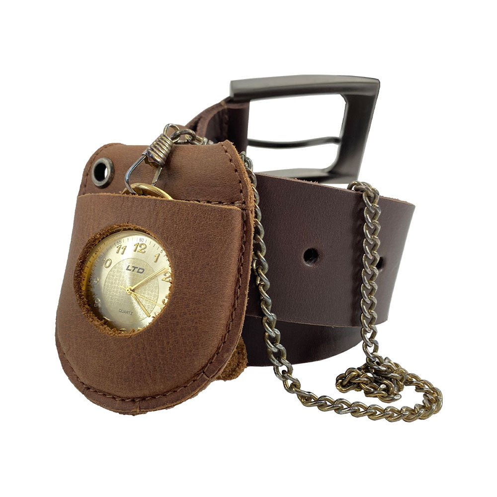 Hide & Drink Pocket Watch Holder and Case with dimensions highlighted, illustrating its compact design for maximum portability. This pocket watch case functions as a rustic protector holder made from full grain leather, emphasizing small batch production, artisan quality, and hand crafted details. Handmade in La Antigua Guatemala & Oaxaca Mexico.