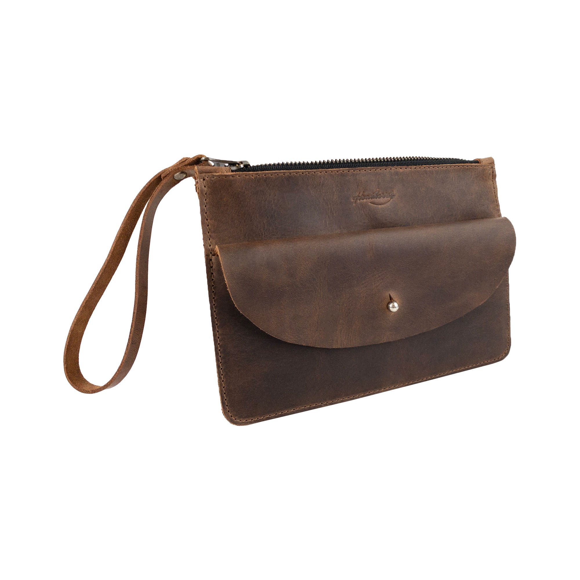 Side view of the Heather's Clutch Bag with Extra Pouch, emphasizing its sleek design and high-quality Full Grain Leather. This artisan accessory is perfect as a wrist wallet for cards and showcases true craftsmanship from La Antigua Guatemala & Oaxaca Mexico.