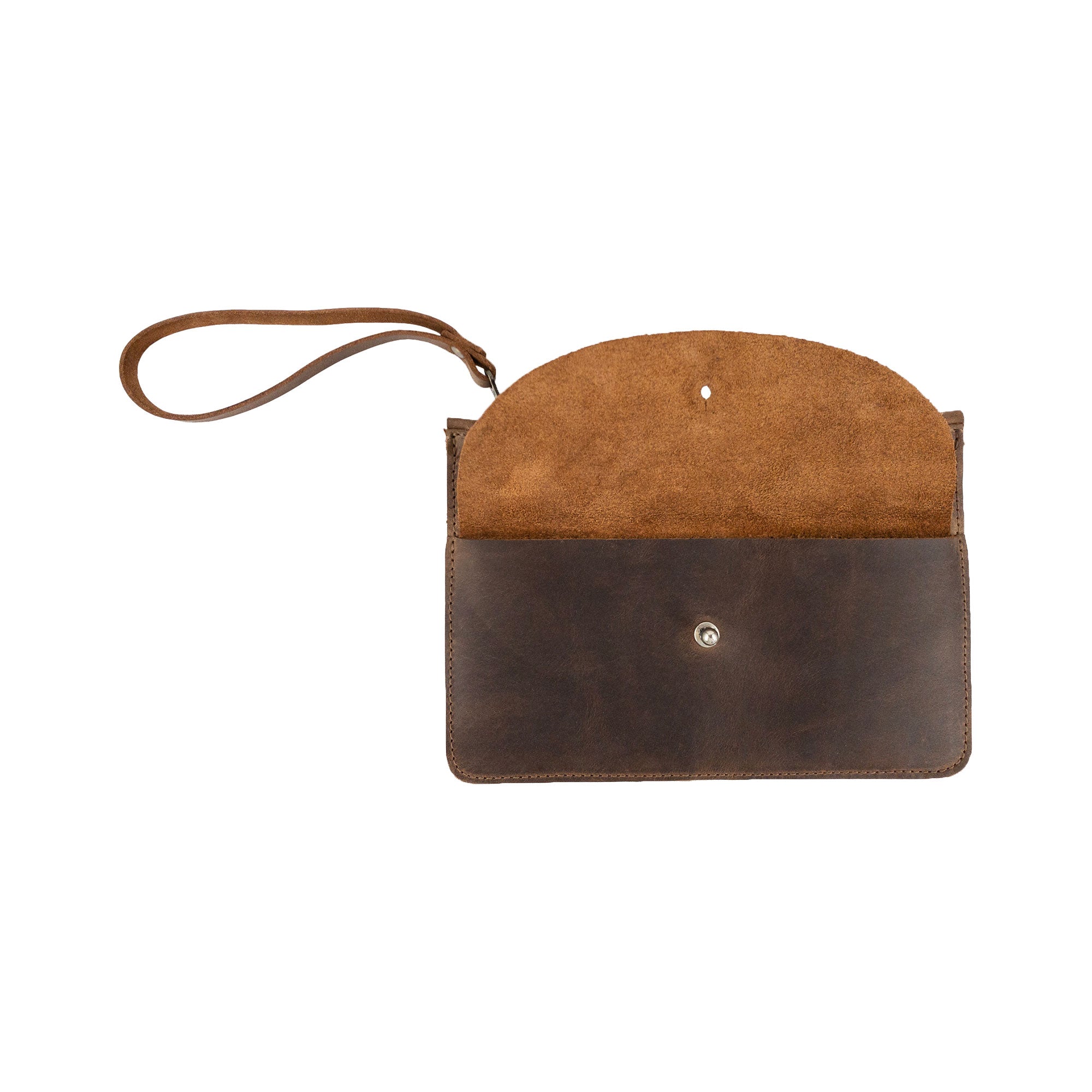 Open view of Heather's Clutch Bag with Extra Pouch, featuring the soft suede interior. This handmade wrist wallet for cards is crafted from Full Grain Leather, designed to combine functionality and style, demonstrating artisan skills from Guatemala.