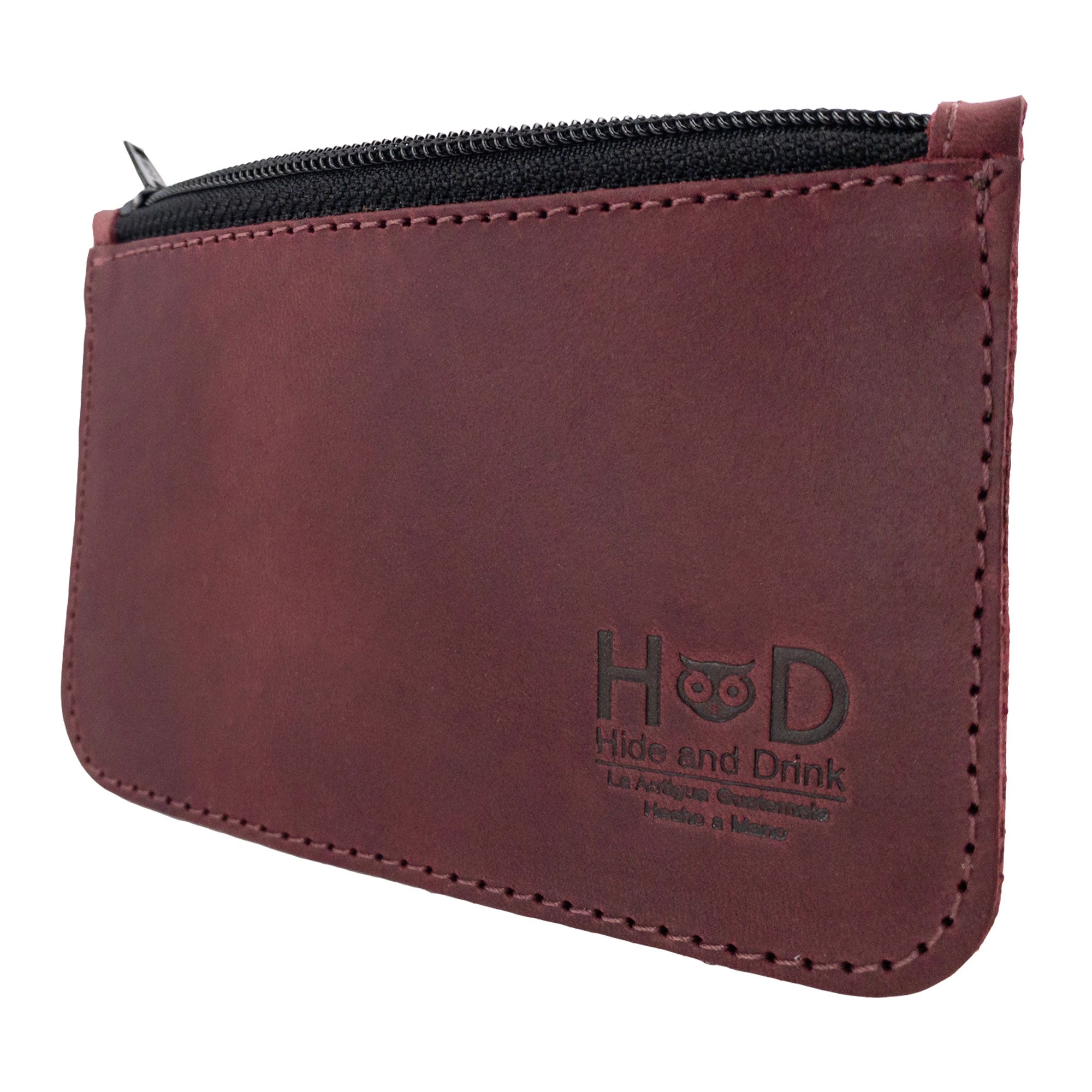 Side view of the Hide & Drink zippered wallet highlighting the fire-branded logo, designed for convenience as a Coin Organizer and folded bills storage, made from durable Full Grain Leather.