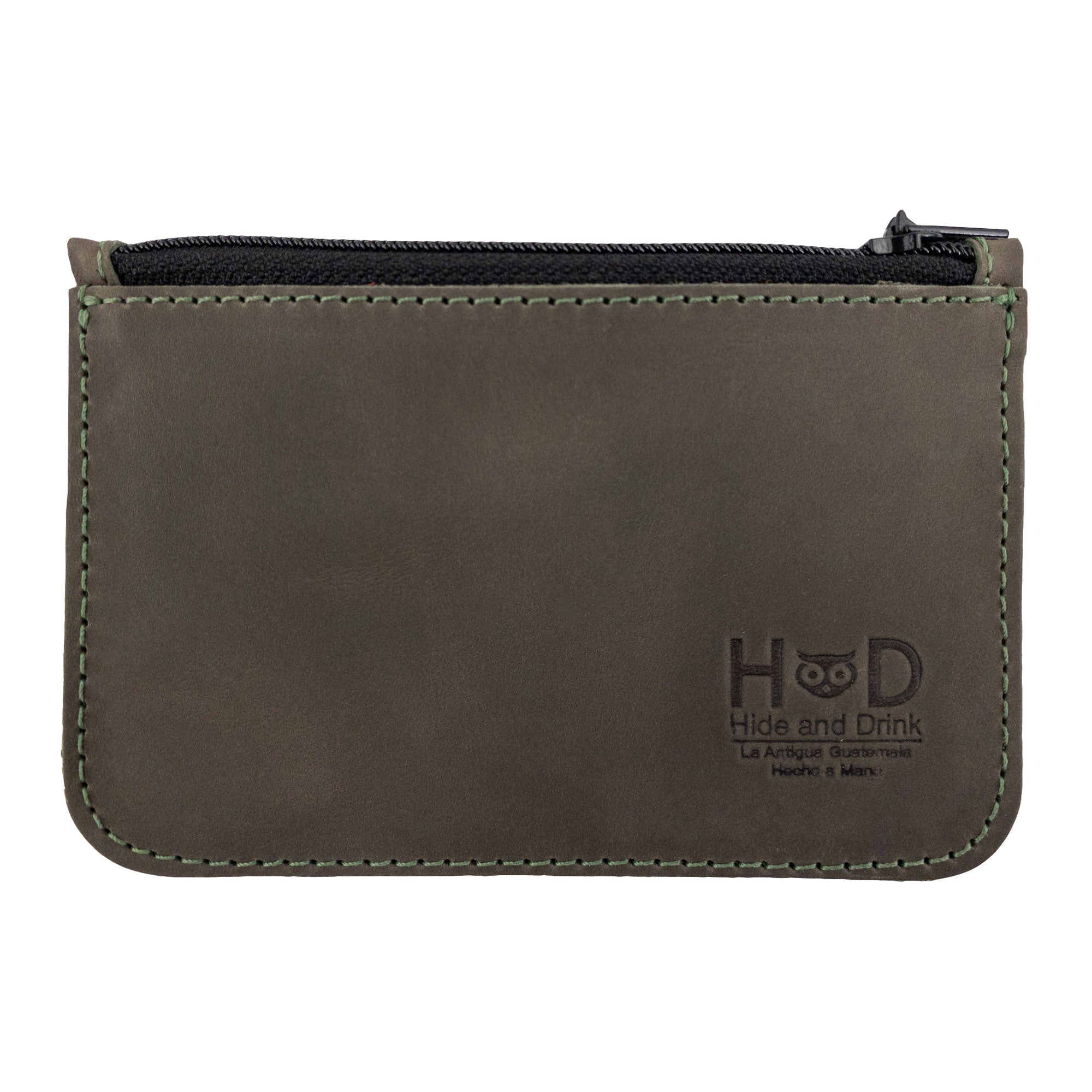 Hide & Drink Zippered Wallet showcasing a sleek design, perfect as a Card Case and Coin Organizer. This Full Grain Leather wallet is a handmade artisan piece from La Antigua Guatemala & Oaxaca Mexico, featuring small batch production and fire branded logo.