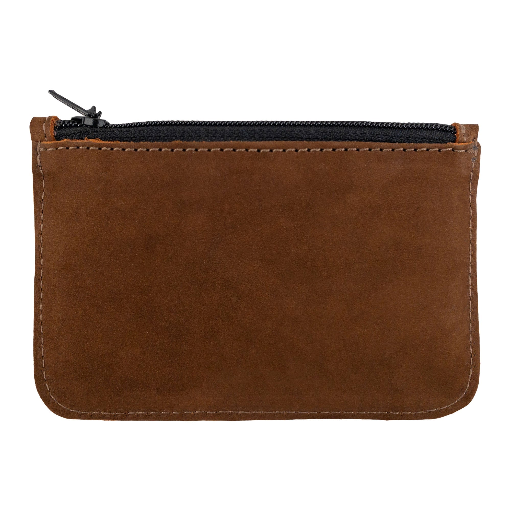 The back view of Hide & Drink's Zippered Wallet, showcasing its durable construction in full grain leather. This wallet serves as a card case, folded bills storage, and coin organizer, perfect for anyone seeking a small batch produced travel accessory.