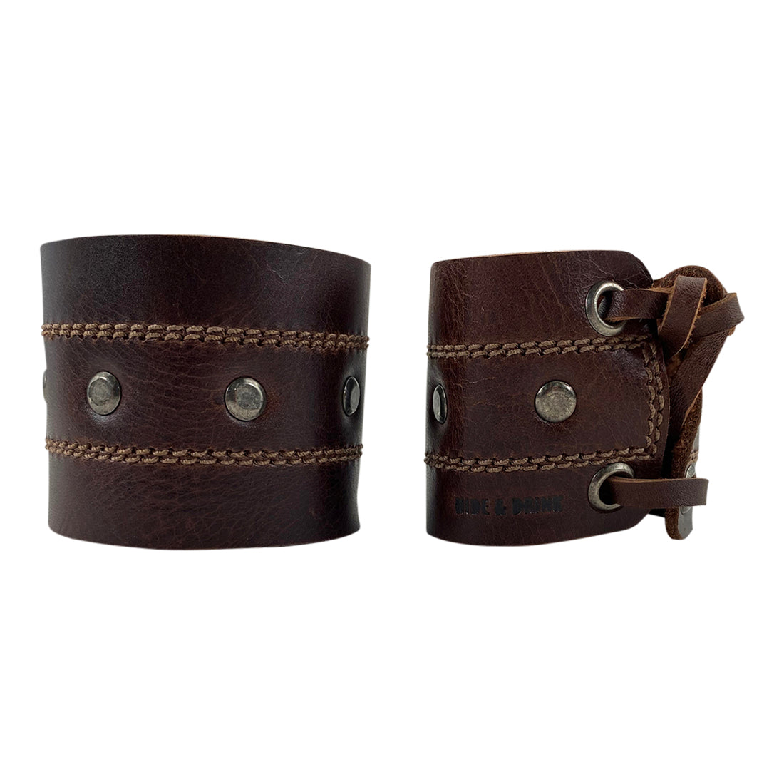 Detailed image of the Men's Wristband by Hide & Drink, showcasing the unique weaving and fastening method that ensures a secure fit. This bracelet is crafted from full grain leather, symbolizing artisan quality and style. Men's Wristband Handmade, Full Grain Leather, StockyardX, Small Batch Production, Hand Cut, Hand Sewn, Fire Branded, Artisan, Handmade in La Antigua Guatemala & Oaxaca Mexico.