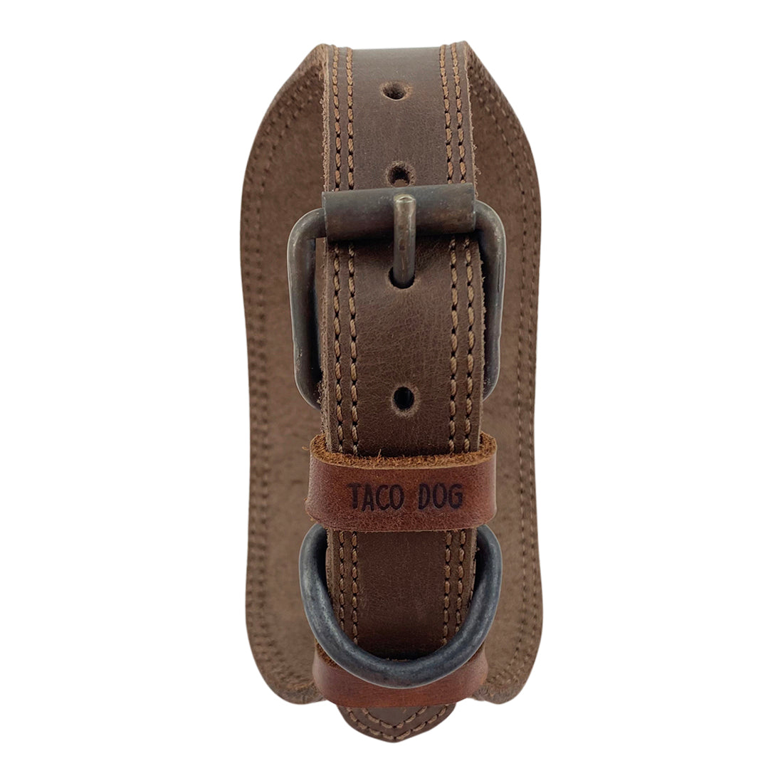 Close-up of the buckle area of the Sighthound Dog Collar by Taco Dog, emphasizing its practical design and sturdy construction. The collar is made from Full Grain Leather, ensuring a secure fit for your pet.