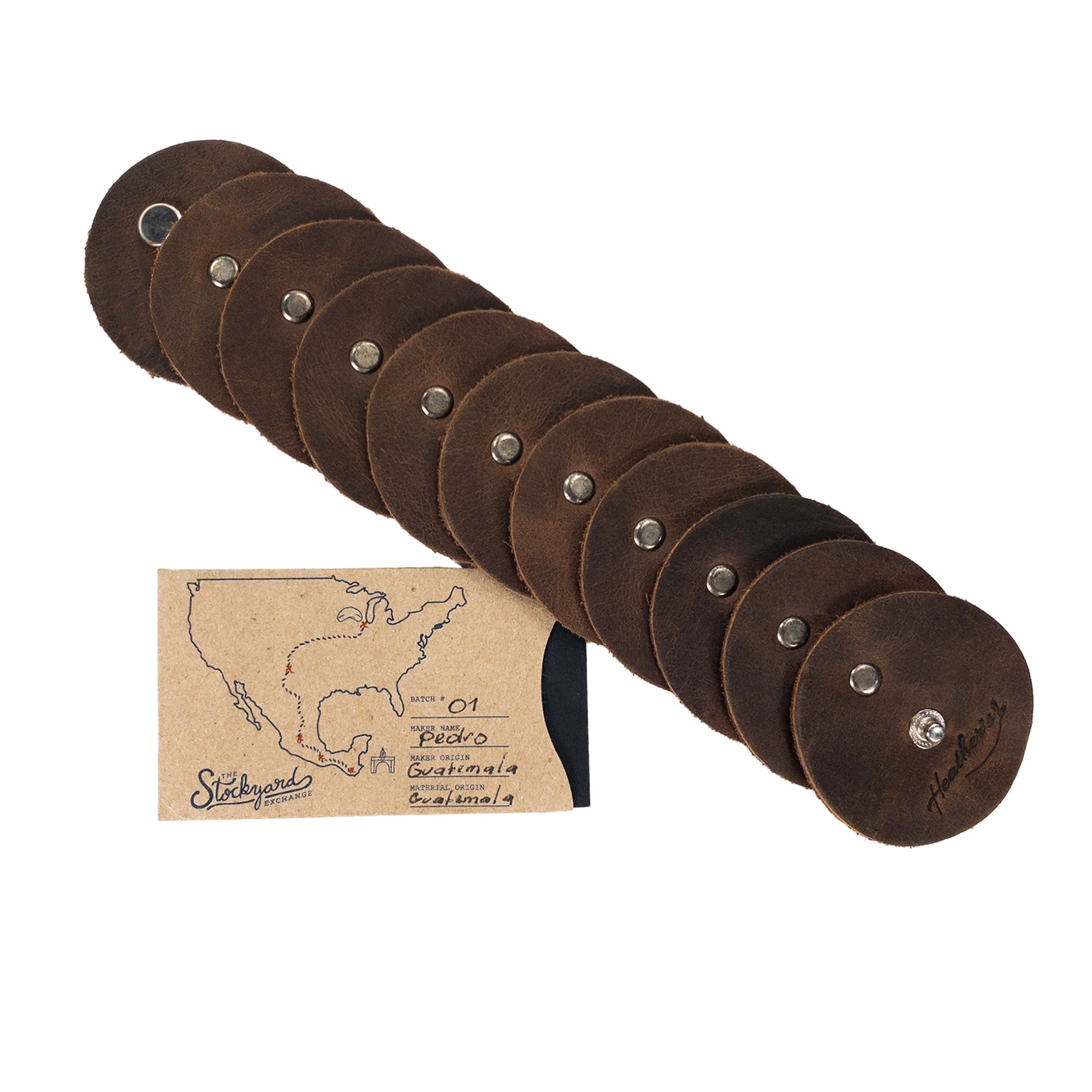 The Moon Bracelet by Heather's with accompanying packaging, showcasing Full Grain Leather craftsmanship. This artisan piece is a result of Small Batch Production, including Hand Cut and Hand Sewn elements, culminating in a Fire Branded finish, representing the rich artistic traditions from La Antigua Guatemala & Oaxaca Mexico.