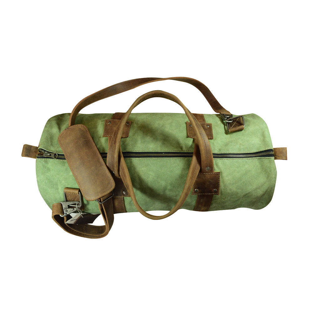 Top view of the Classic Duffle Bag by Hide & Drink in green, displaying its spacious interior and Full Grain Leather design with zipper closure and adjustable strap. This Messenger Bag is a great crossbody travel option, handmade in La Antigua Guatemala & Oaxaca Mexico.
