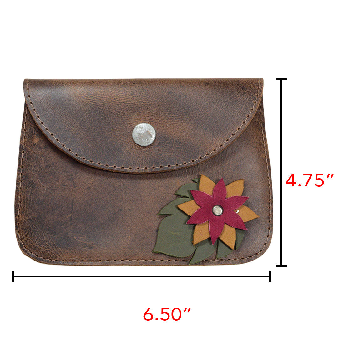 Hide & Drink's Flower Card Wallet shown with dimensions; a perfect fit for cash and cards. This Noche Buena Wallet is not only stylish but also multifunctional as a Vintage Pouch, Cable Holder, and Phone Case. Made from premium Full Grain Leather, it reflects the artisan skills of small batch production with hand cutting and stitching, proudly handmade in La Antigua Guatemala & Oaxaca Mexico.