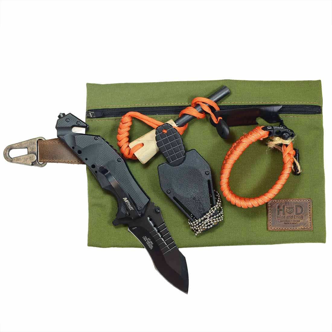 Styled outdoor gear within Hide & Drink’s Outdoor Pouch, a Water Resistant Canvas Camping Pouch designed for efficient storage. This utility bag, embedded with Full Grain Leather, serves as a reliable companion for outdoor accessories, emphasizing artisan craftsmanship with hand cut and hand sewn features sourced from La Antigua Guatemala & Oaxaca Mexico.