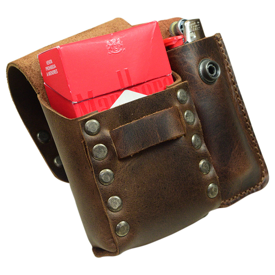 Rivet Cigarette Case by Hide & Drink, showcasing a stylish riveted holder for cigarettes and a lighter, made from Full Grain Leather. This artisan piece is perfect for smoking accessories and designed for durability through small batch production. Handmade in La Antigua Guatemala & Oaxaca Mexico.