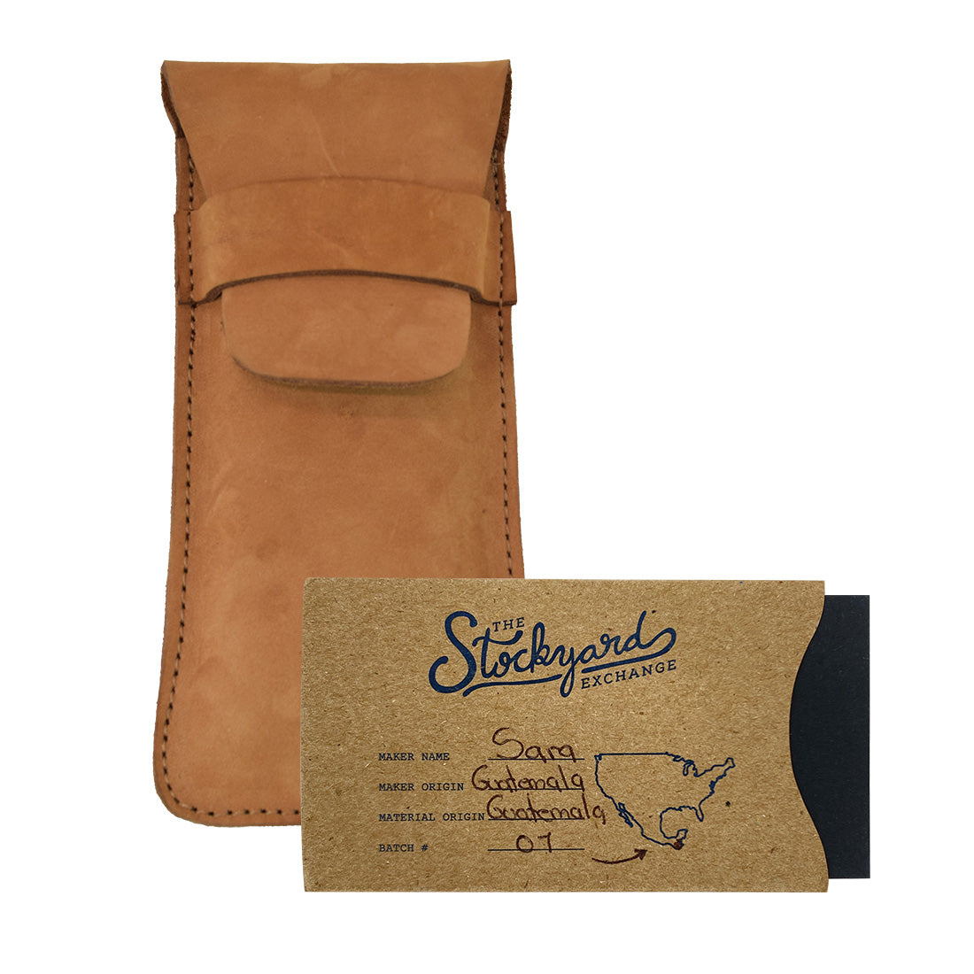 Hide & Drink Cigar Holder presented with a brand card, this slim case for three cigars is crafted from lightweight full grain leather. The classic holder combines rustic style with artisan quality, hand cut and sewn in La Antigua Guatemala.
