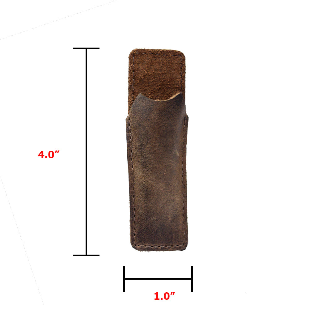 Hide & Drink Fisher Space Pen Case demonstrating precise dimensions of 4.0 inches in length and 1.0 inch in width. This rugged, hand-stitched office pouch is tailored for individual pens, crafted from full grain leather. Designed for 3.75 in. adjustable pens, it's a standout product from our small batch artisans in La Antigua Guatemala and Oaxaca Mexico.