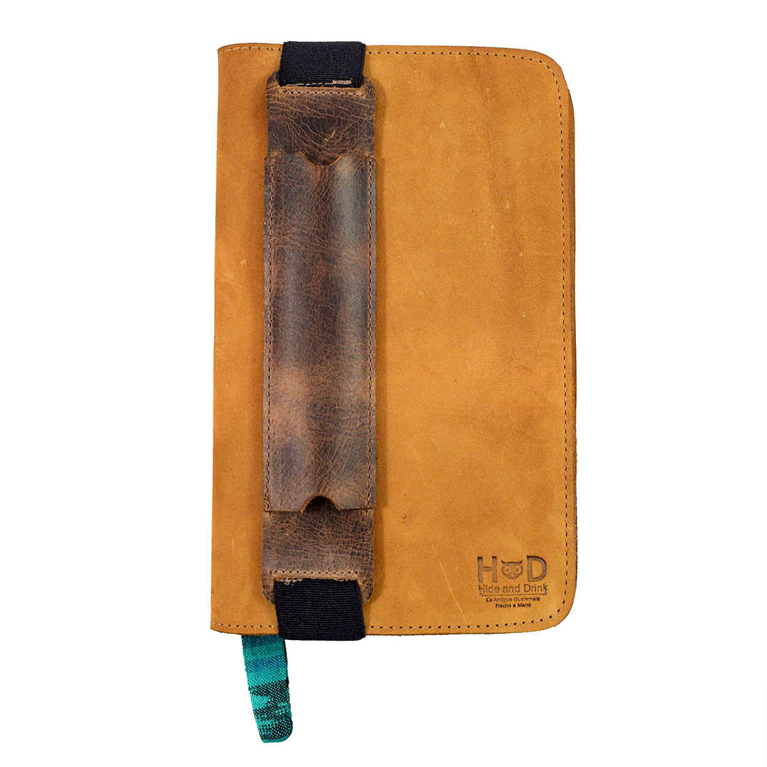 Hide & Drink Pen Holster in a non-pencil design, showcasing the beautiful craftsmanship of full grain leather, designed for 6 to 7 inch tall notebooks. This pen pouch is handmade in La Antigua Guatemala & Oaxaca Mexico.