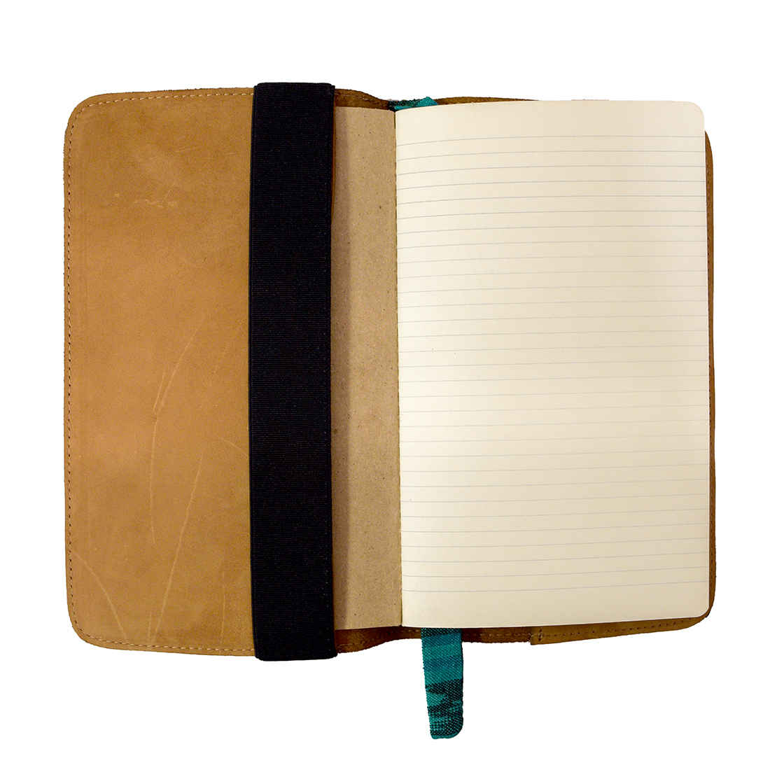 Inside view of Hide & Drink Pen Holster highlighting the elastic band for securing notebooks. This handcrafted pen pouch, featuring premium full grain leather, is made by skilled artisans in La Antigua Guatemala & Oaxaca Mexico.