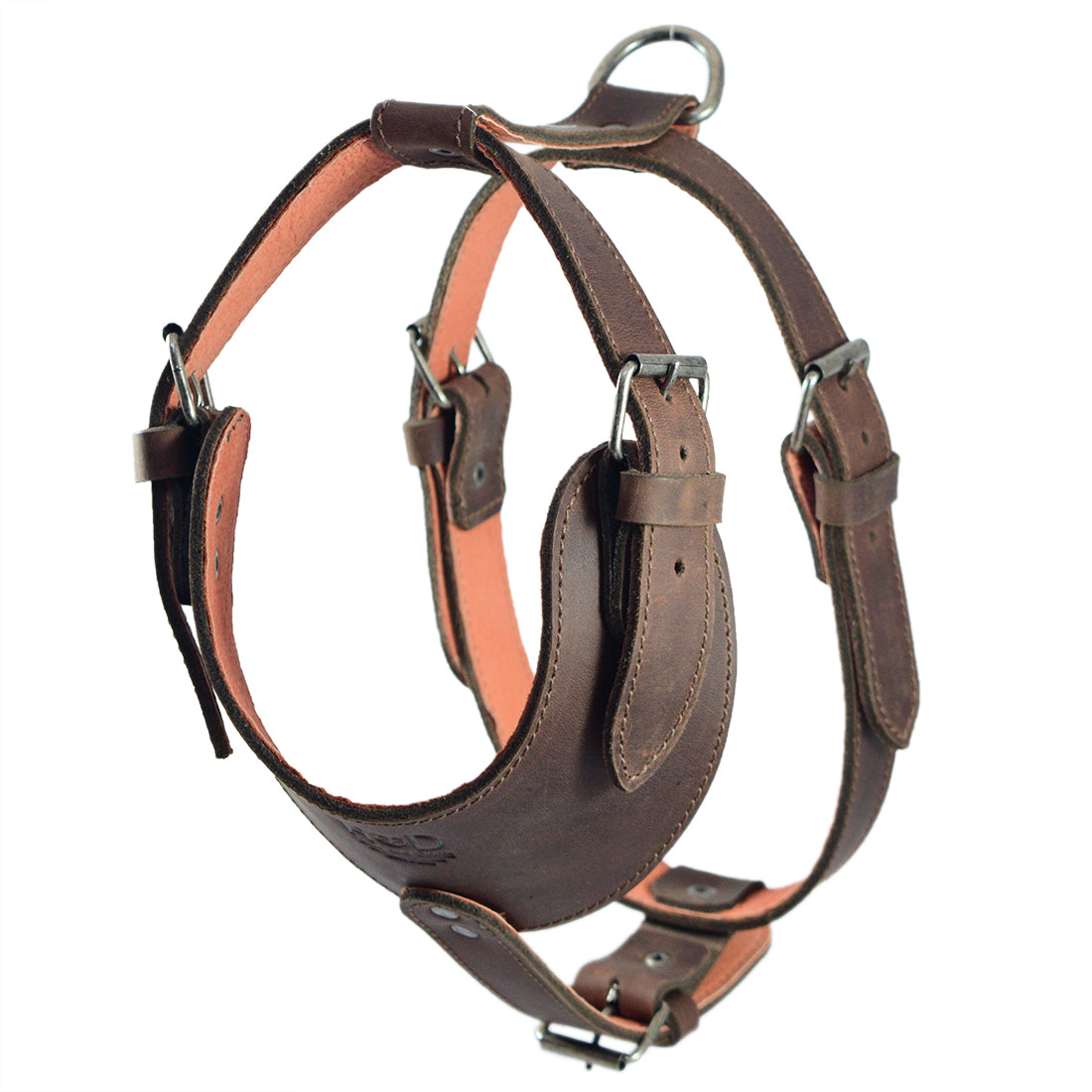 Hide & Drink Dog Harness crafted from Full Grain Leather, showcasing an adjustable design perfect for comfort and style. This durable harness is handmade using small batch production techniques by artisans in La Antigua Guatemala, ensuring a unique and high-quality product.