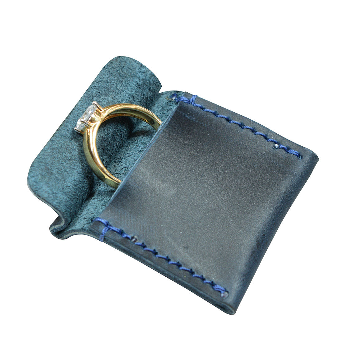 Hide & Drink Wedding Ring Case showcasing a sleek blue leather design, perfect for storing engagement rings. A pouch organizer for jewelry and travel, handmade in La Antigua Guatemala & Oaxaca Mexico with full grain leather.