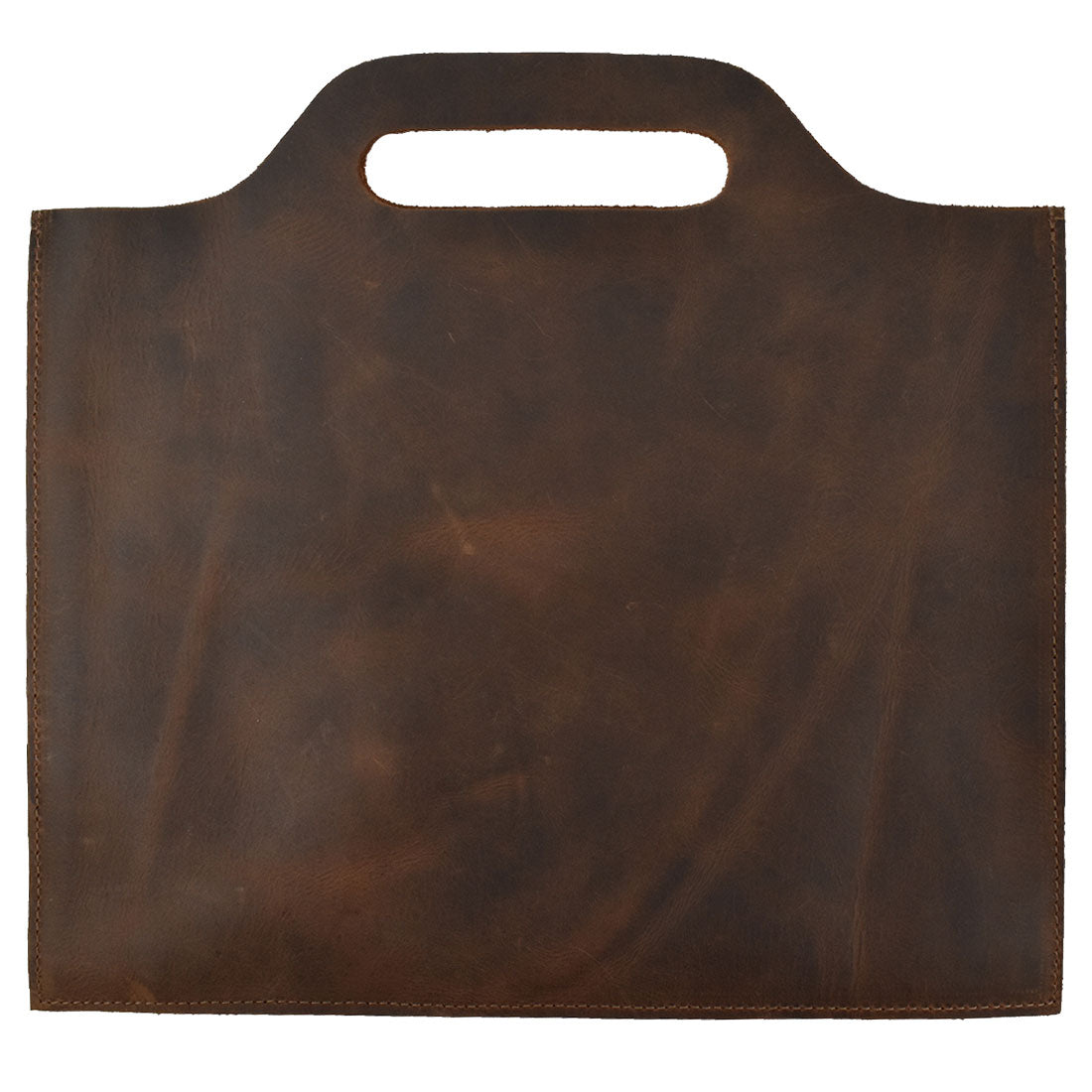 Flat Handbag by Hide & Drink featuring a smooth surface in dark brown full grain leather, ideal for a minimalist style carry-on bag or classic document holder. This thin portfolio showcases the beauty of small batch production, with each piece hand cut, hand sewn, and fire branded. Proudly handmade in La Antigua Guatemala & Oaxaca Mexico, it's a perfect travel accessory.