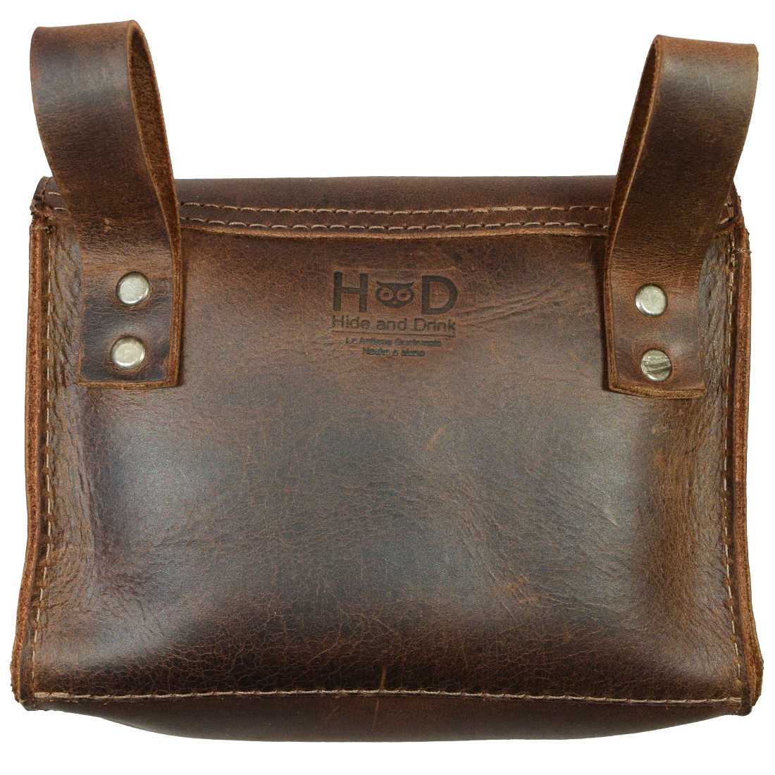Backside view of Hide & Drink's Squared Fanny Pack, emphasizing its durable Full Grain Leather and handcrafted quality. This versatile Crossbody Bag is suitable for both men and women, featuring an Adjustable Strap for convenience. Enjoy a practical and stylish travel accessory made through artisan small batch production in La Antigua Guatemala & Oaxaca Mexico.