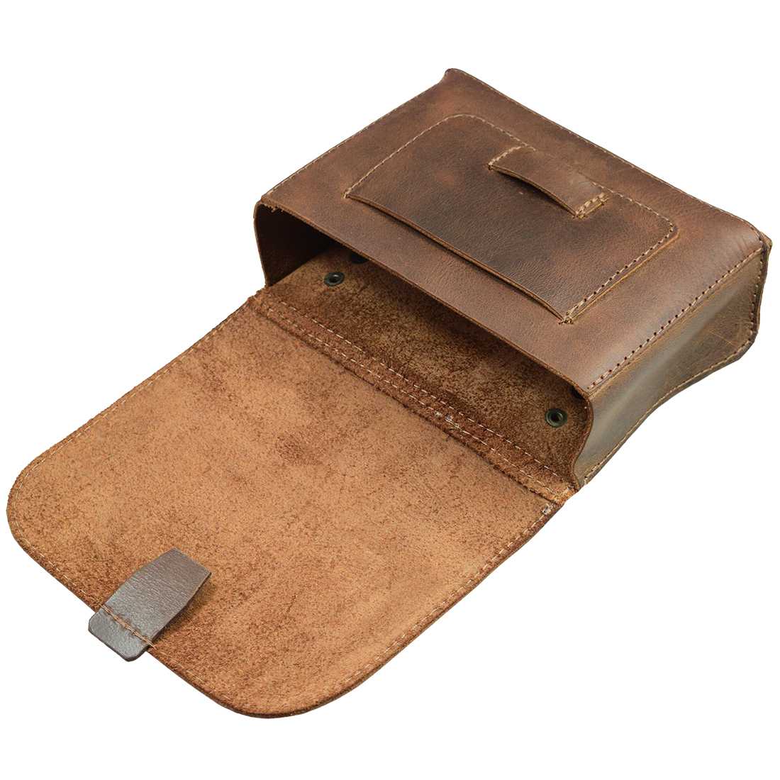 Open view of the Hide & Drink Squared Fanny Pack, highlighting the soft suede interior and thoughtful design for organization. Made from Full Grain Leather, it's a perfect travel accessory for men and women. Revel in the quality of this handmade, hand cut, and hand sewn bag created by artisans in La Antigua Guatemala & Oaxaca Mexico.