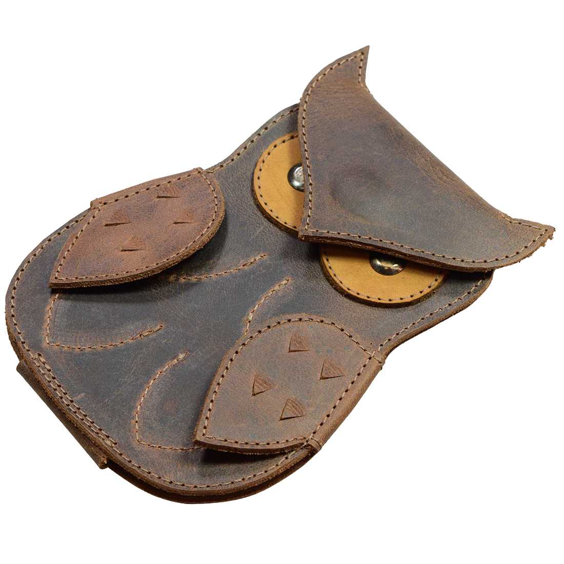 Open view of the Owl Guitar Pick Case by Hide & Drink, featuring compartments for guitar picks. This unique design combines function with an owl motif, ideal for guitarists seeking musician accessories. Crafted from high-quality full grain leather, it's a handmade treasure from La Antigua Guatemala & Oaxaca Mexico.