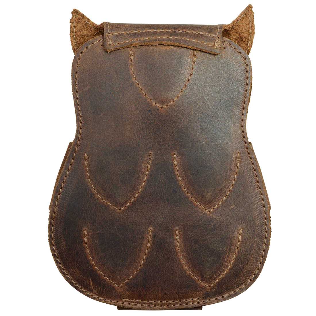 Back view of the Owl Guitar Pick Case by Hide & Drink, highlighting its rustic charm and full grain leather finish. This plectrum case not only protects guitar picks but also serves as a stylish accessory for any guitarist. A perfect blend of artisan quality and practical use, made in La Antigua Guatemala & Oaxaca Mexico.