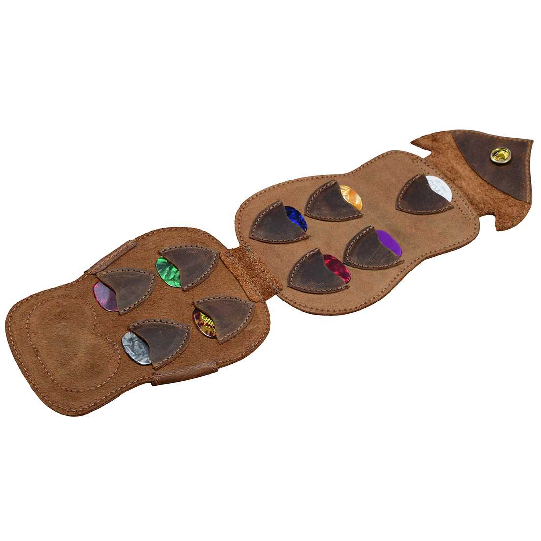 Dimensions of the Owl Guitar Pick Case by Hide & Drink are displayed, showing its practicality and design. This full grain leather guitar pick case not only looks great but is also functional for storing picks, showcasing the handmade quality from La Antigua Guatemala & Oaxaca Mexico, ideal for music lovers.