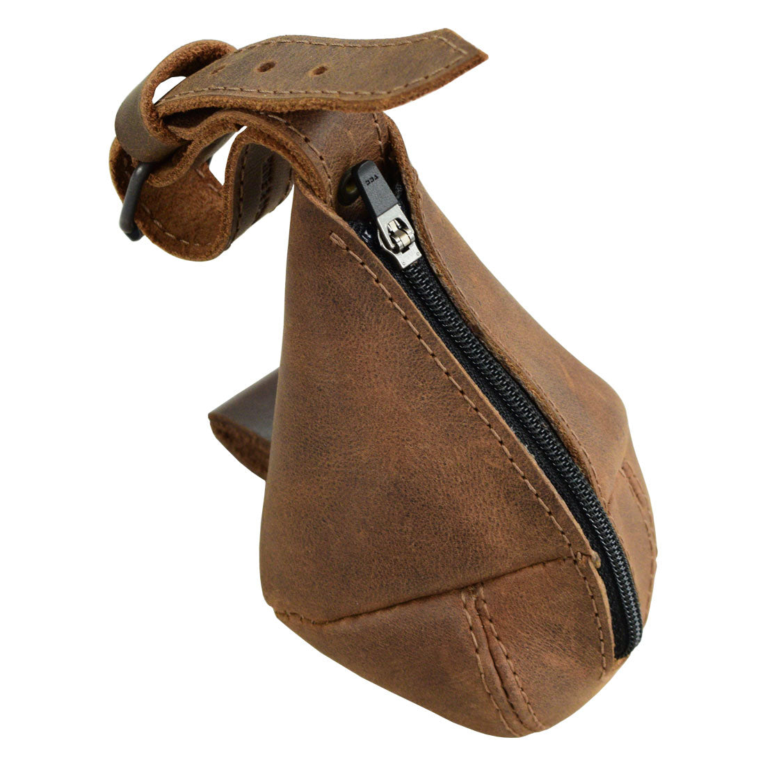 Side view of the Drop Shape Case by Hide & Drink, highlighting its functional zipper. This versatile leather piece functions as a multipurpose hanging bag, coin cash pouch, key organizer, and cable holder, made from high-quality Full Grain Leather and hand sewn in La Antigua Guatemala & Oaxaca Mexico.