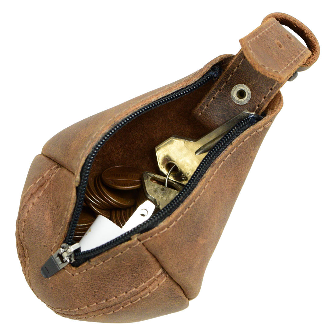 Open view of the Drop Shape Case by Hide & Drink, revealing its spacious interior for coins and keys. This multipurpose hanging bag doubles as a coin cash pouch, key organizer, and cable holder, made from Full Grain Leather, showcasing artisan craftsmanship from La Antigua Guatemala & Oaxaca Mexico.