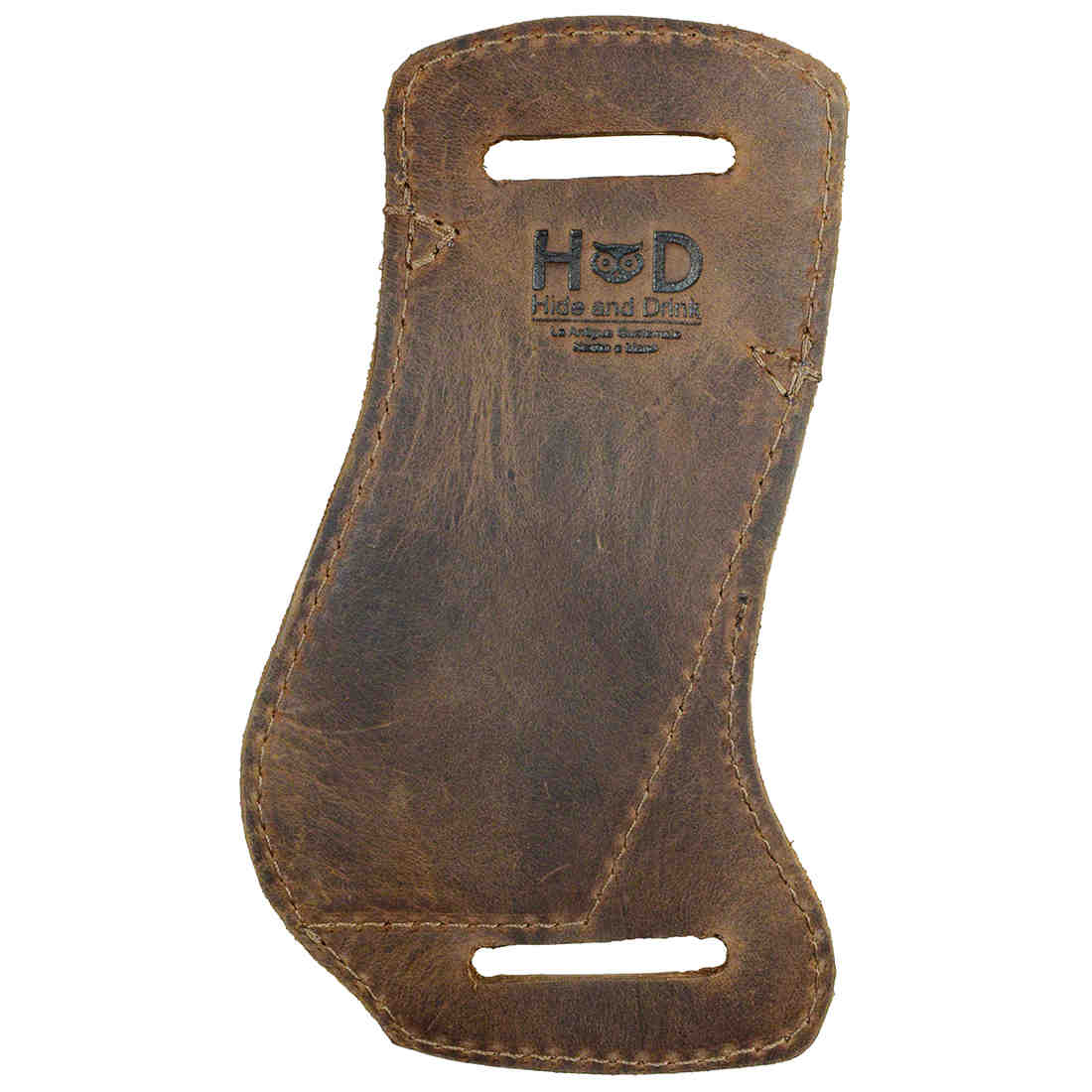 Front view of the Full Grain Leather Horizontal Knife Holster by Hide & Drink, emphasizing its smooth finish and professional stitching. This stylish Knife Case serves well as a Waist Sleeve for Small Knives, perfect for those looking for a durable Camping Accessory and Outdoor Protector for their Knife. Handcrafted through Small Batch Production, this piece is Hand Cut and Hand Sewn, Fire Branded, and showcases artisan skills from La Antigua Guatemala & Oaxaca Mexico.