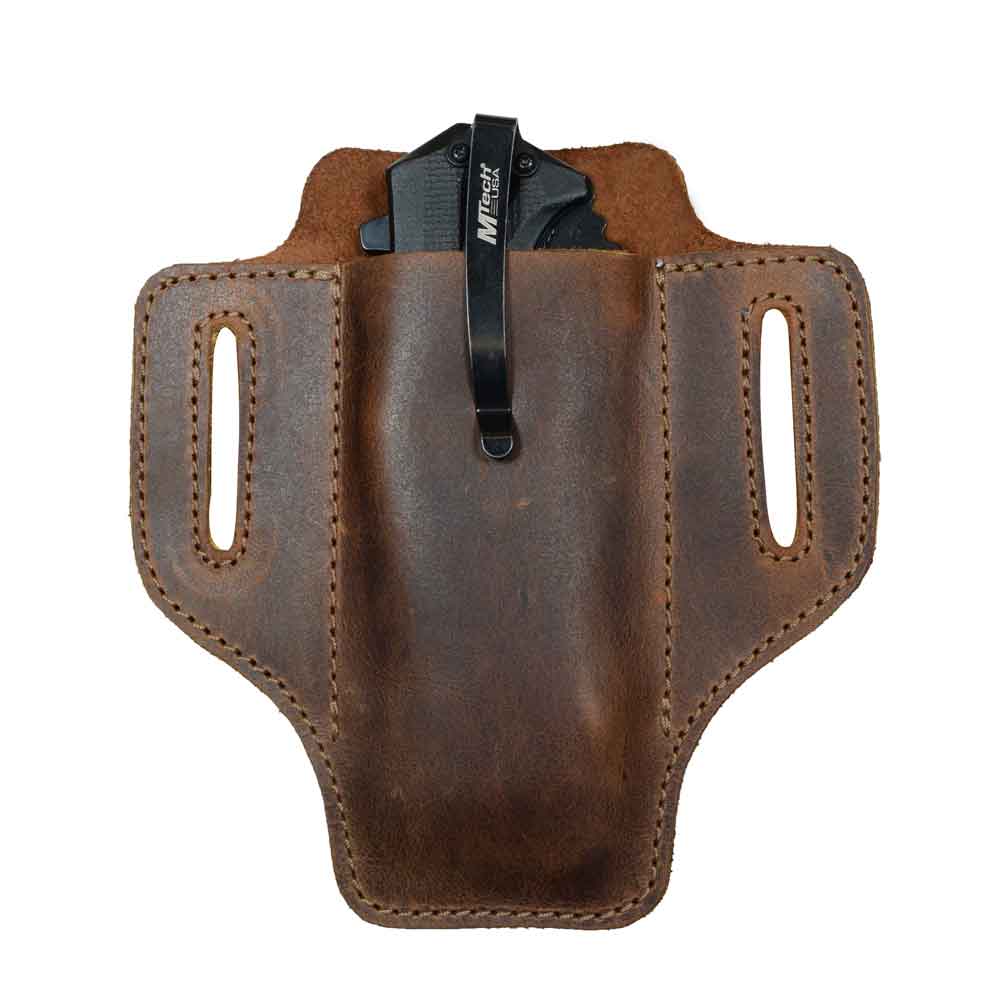 Hide & Drink's Tactical Knife Holster made of durable Full Grain Leather, featuring a clip and designed for convenience. This Tactical Knife Leather Holster is perfect for everyday carry, ideal for multitools, and enhances your camping & outdoor accessories. StockyardX supports small batch production and artisan craftsmanship from La Antigua Guatemala & Oaxaca Mexico.