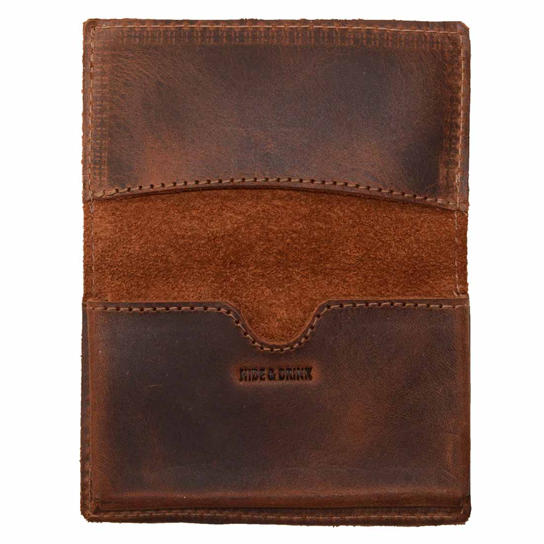 Hide & Drink's Vintage Card Holder made of full grain leather, showcasing rustic elegance. Perfect as a vintage business card holder, cash organizer, and wallet for pocket accessories. This small batch production item is hand cut, hand sewn, and fire branded by artisans in La Antigua Guatemala & Oaxaca Mexico.