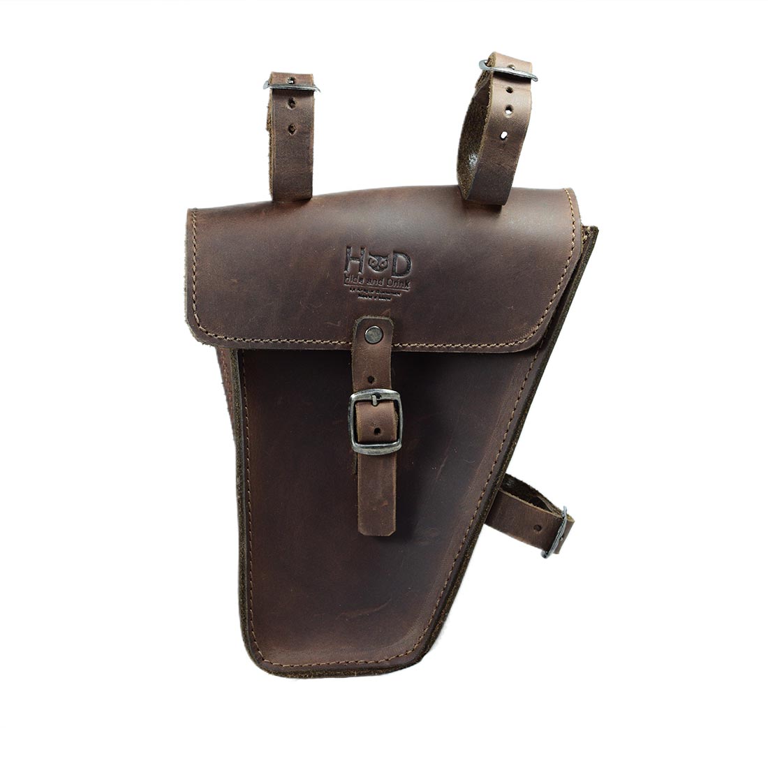 Close-up of Hide & Drink's handmade Triangular Frame Bag For Bicycle, showcasing its durable full grain leather design. This bike tool pouch is perfect for storing your biker essentials, featuring small batch production methods and artisan craftsmanship, all made in La Antigua Guatemala & Oaxaca Mexico.