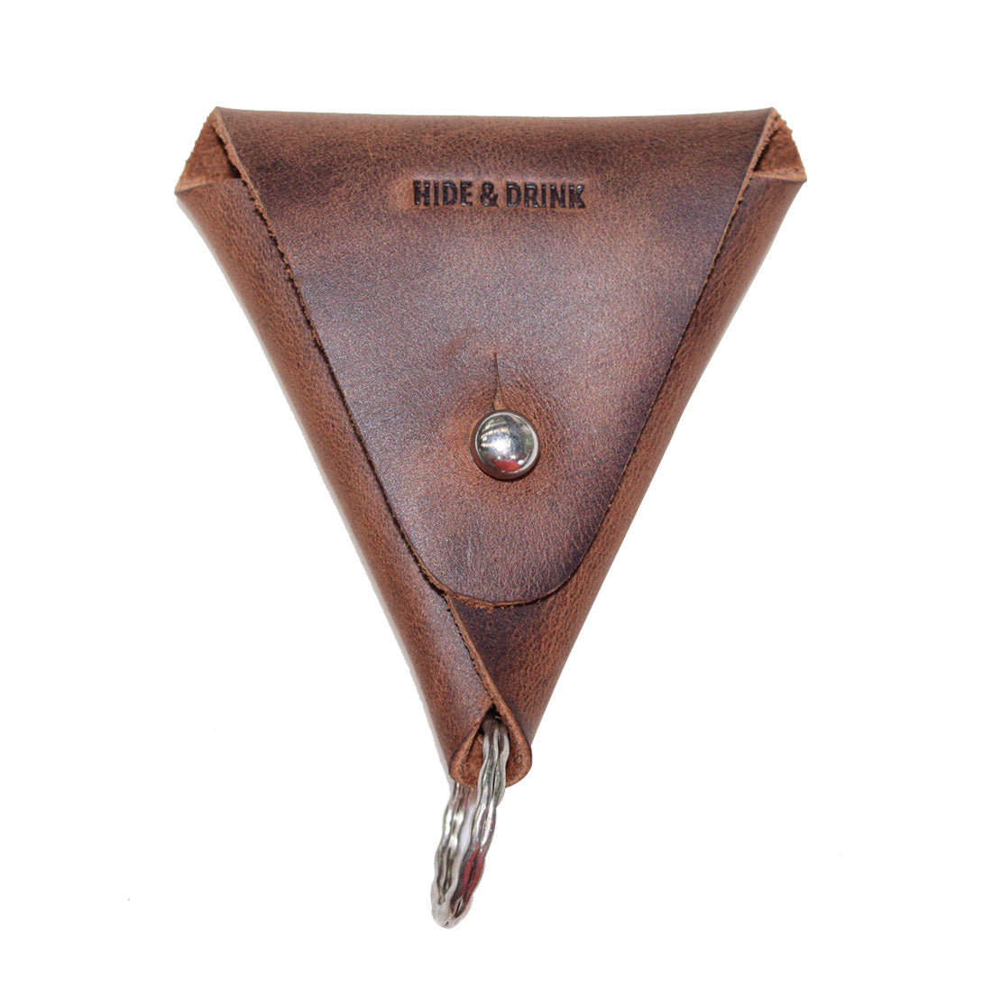 Front view of Hide & Drink's Triangular Coin Keychain, featuring a secure enclosure and stylish design. Made from durable Full Grain Leather, this keychain is hand-cut and hand-sewn, reflecting small batch production in La Antigua Guatemala & Oaxaca Mexico.