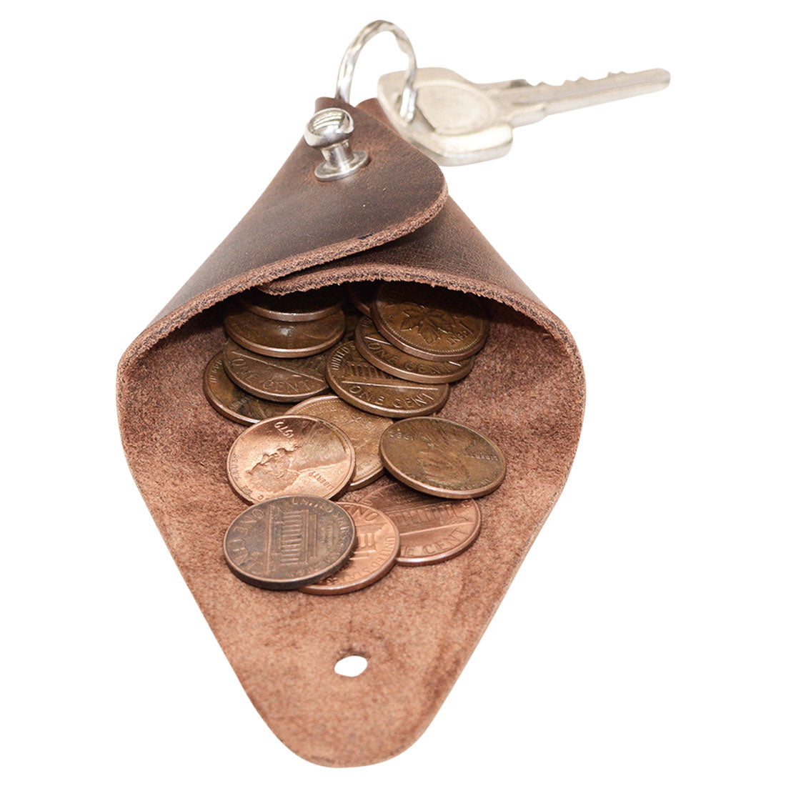 Inside view of the Hide & Drink Triangular Coin Keychain, filled with coins, demonstrating its dual functionality as a pouch. Crafted from Full Grain Leather, this handmade accessory is a perfect blend of style and practicality, made in La Antigua Guatemala & Oaxaca Mexico.