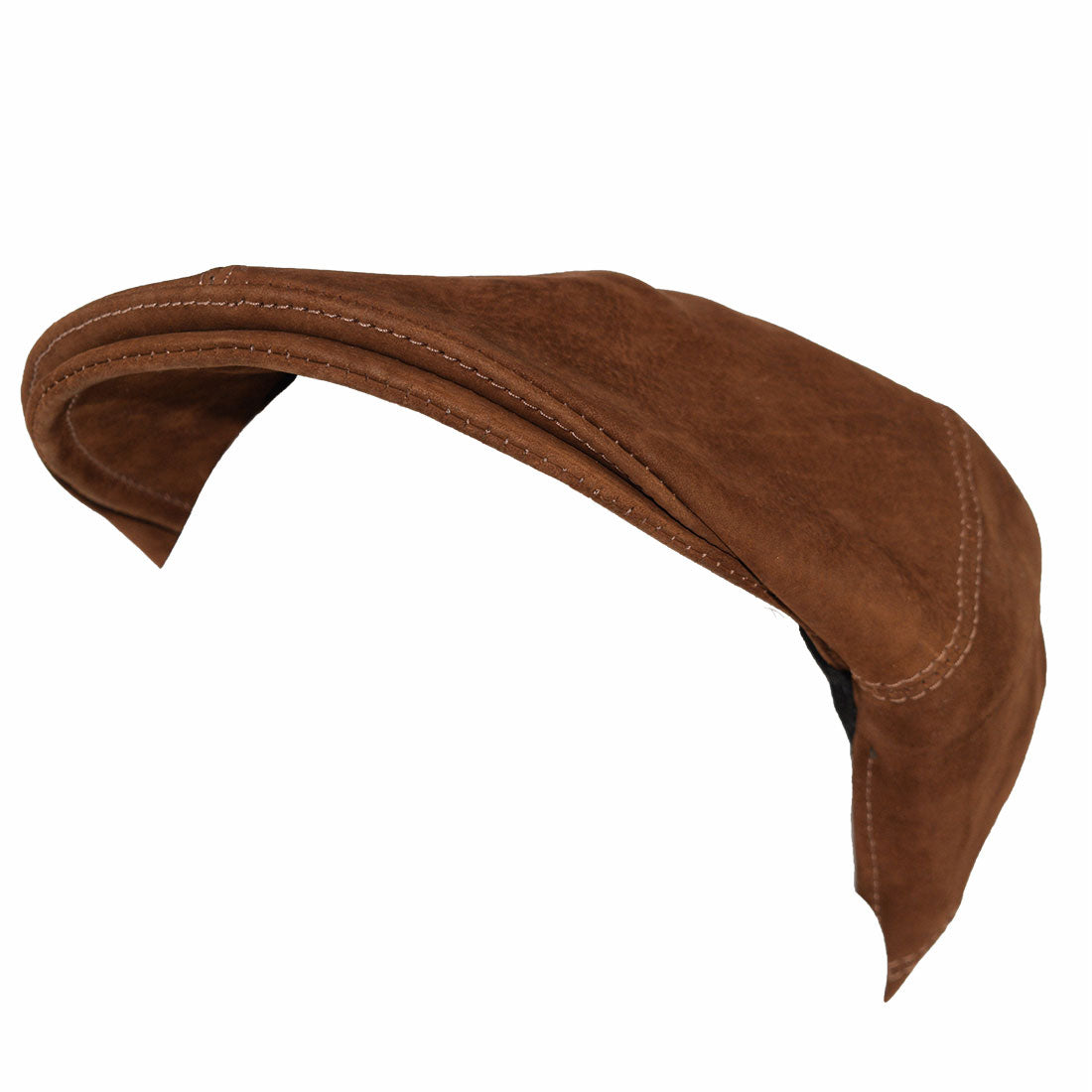 Front view of an elegant men's driver's cap from Hide & Drink, presenting a rich brown color and soft suede leather. This vintage cap combines style with durability, featuring full grain leather in its construction. Perfect for men who favor artisan-made accessories, handmade in La Antigua Guatemala & Oaxaca Mexico.